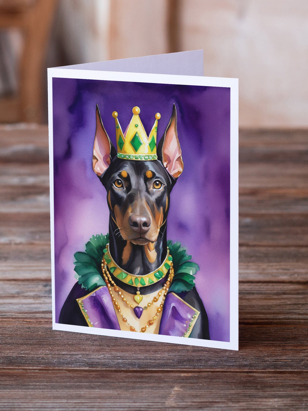 Doberman Pinscher King of Mardi Gras Greeting Cards Pack of 8 Blank Cards with Envelopes Whimsical A7 Size 5x7