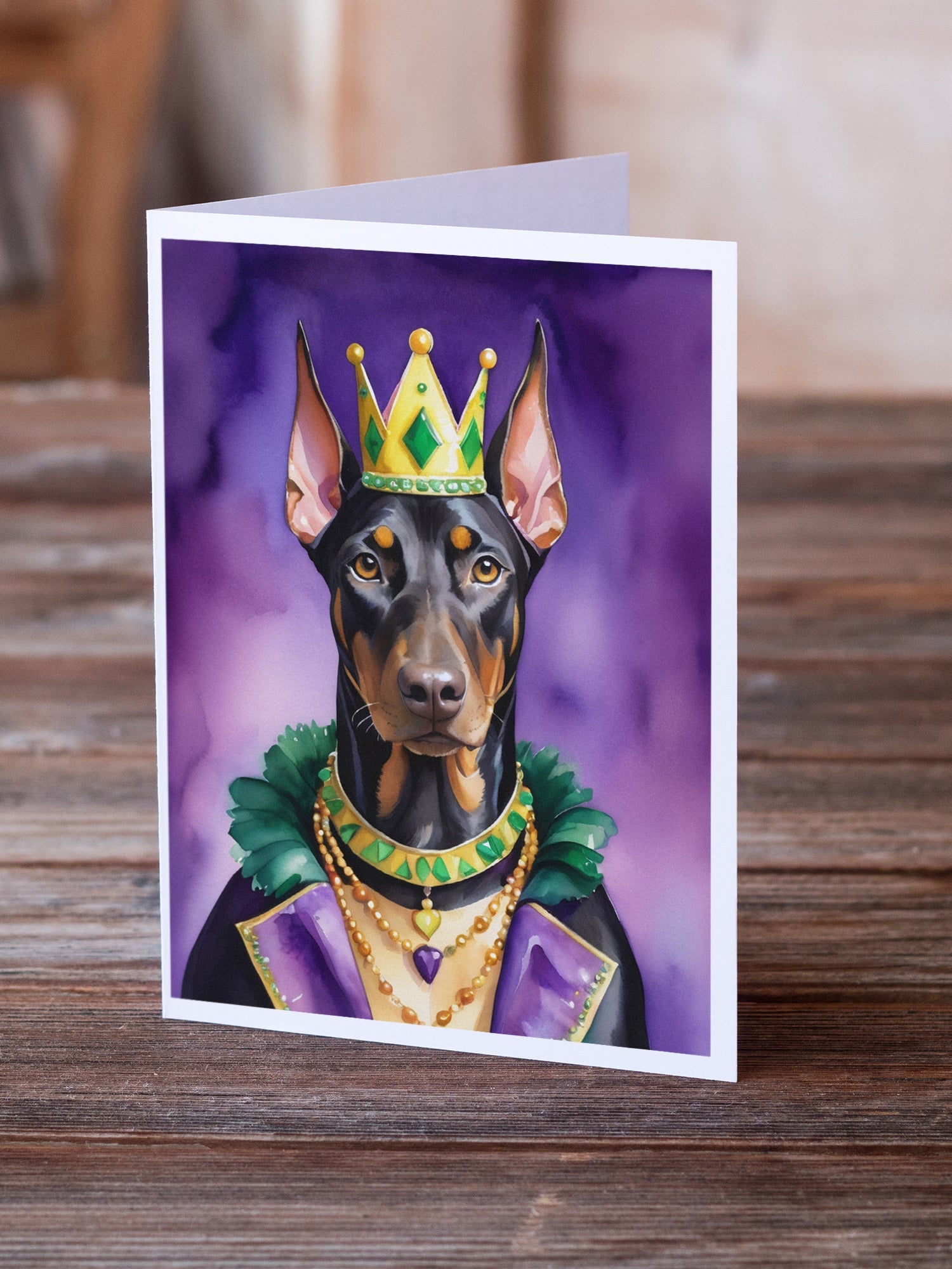 Doberman Pinscher King of Mardi Gras Greeting Cards Pack of 8 Blank Cards with Envelopes Whimsical A7 Size 5x7