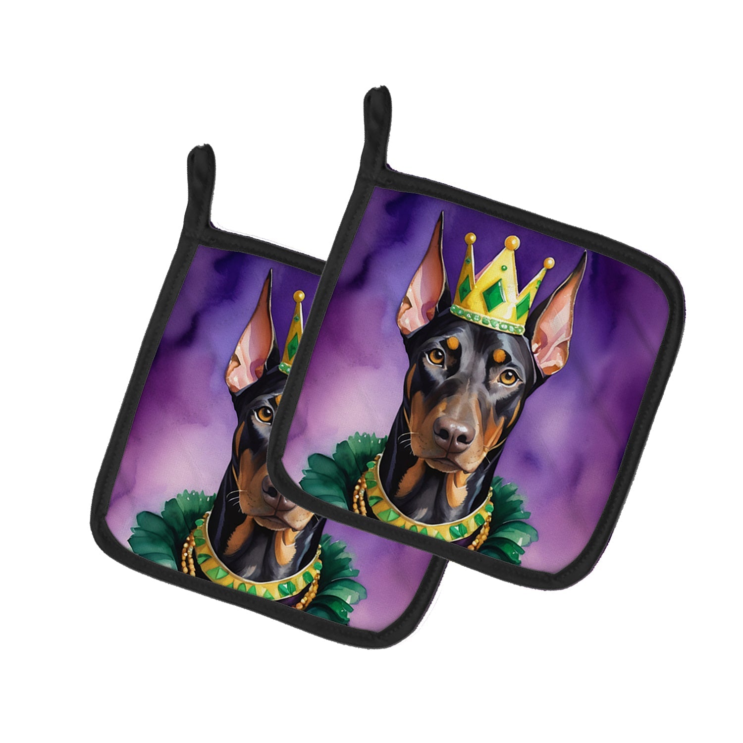 Doberman Pinscher King of Mardi Gras Pot Holder Set of 2 Heat Resistant Quilted Hot Pads 7.5 x 7.5 Inch, Insulated Kitchen Trivets for Cooking & Baking