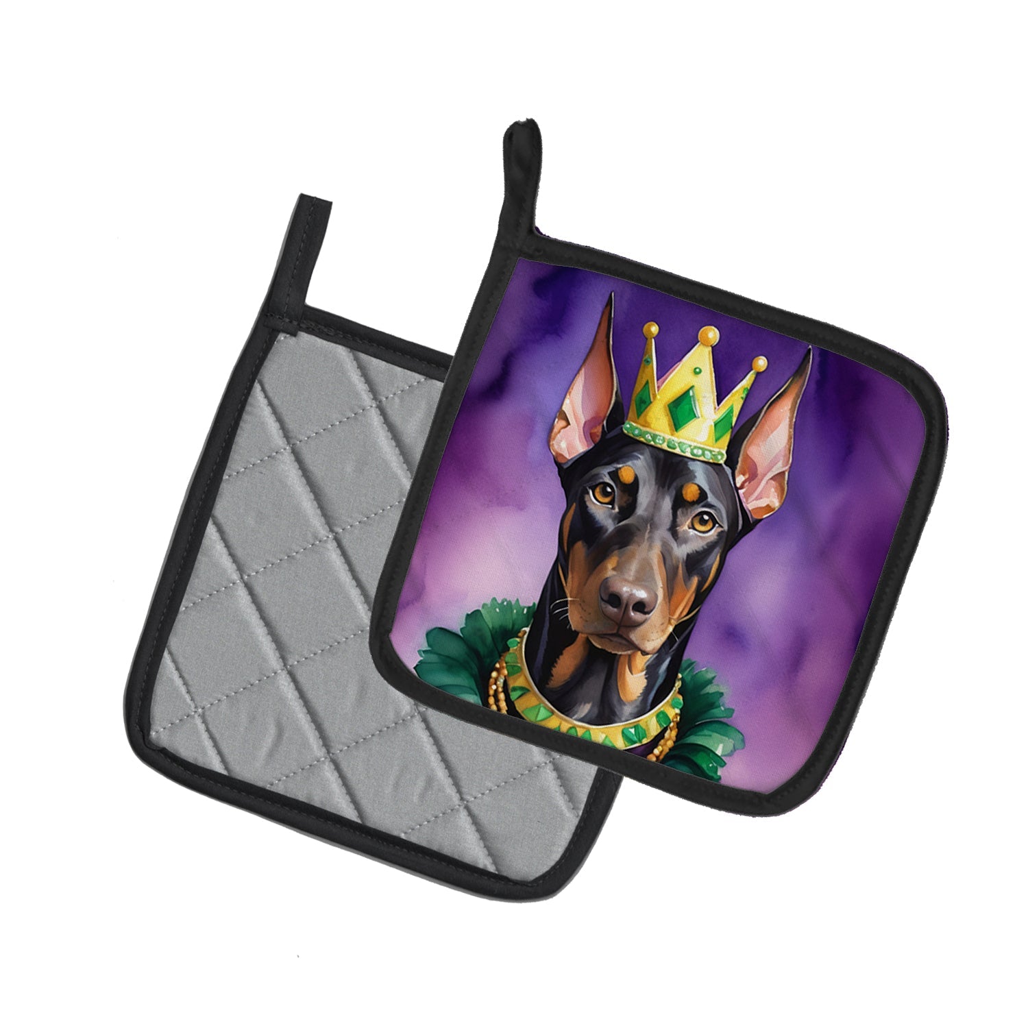 Doberman Pinscher King of Mardi Gras Pot Holder Set of 2 Heat Resistant Quilted Hot Pads 7.5 x 7.5 Inch, Insulated Kitchen Trivets for Cooking & Baking