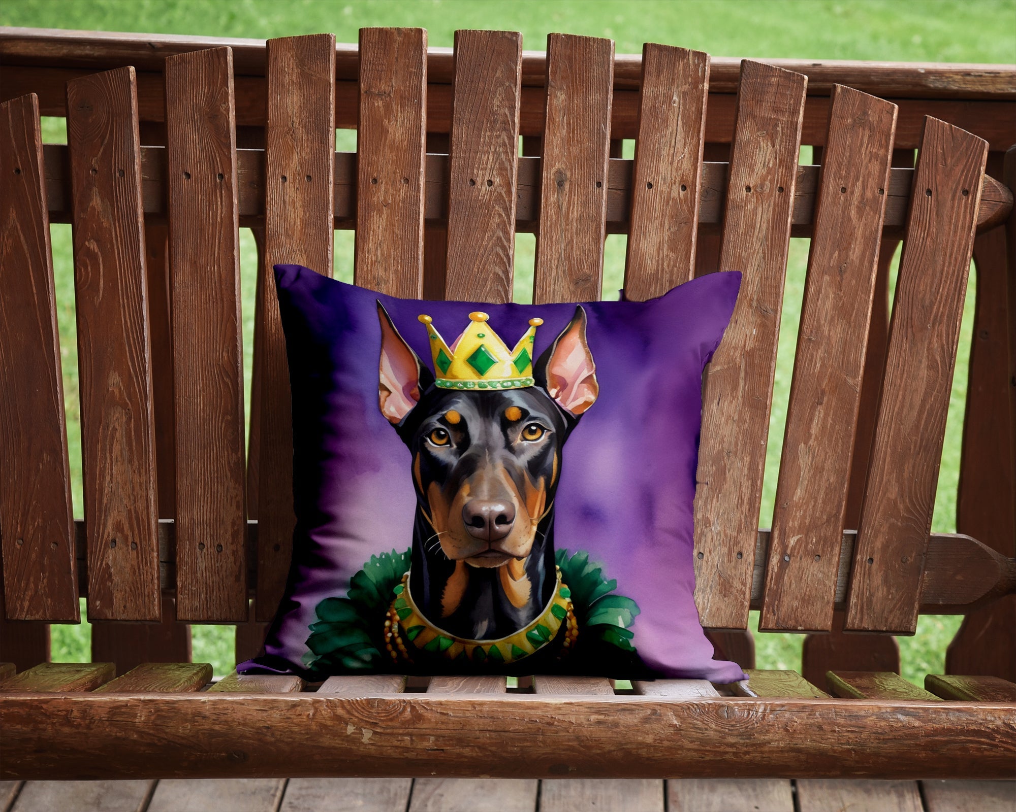 Doberman Pinscher King of Mardi Gras Decorative Throw Pillow 14x14 Indoor Outdoor Accent Cushion, Fabric Cover with Insert for Sofa, Bed, Porch & Living Room