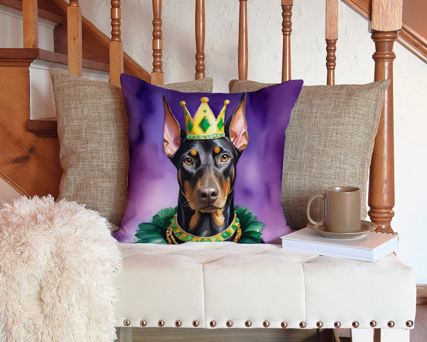 Doberman Pinscher King of Mardi Gras Decorative Throw Pillow 14x14 Indoor Outdoor Accent Cushion, Fabric Cover with Insert for Sofa, Bed, Porch & Living Room