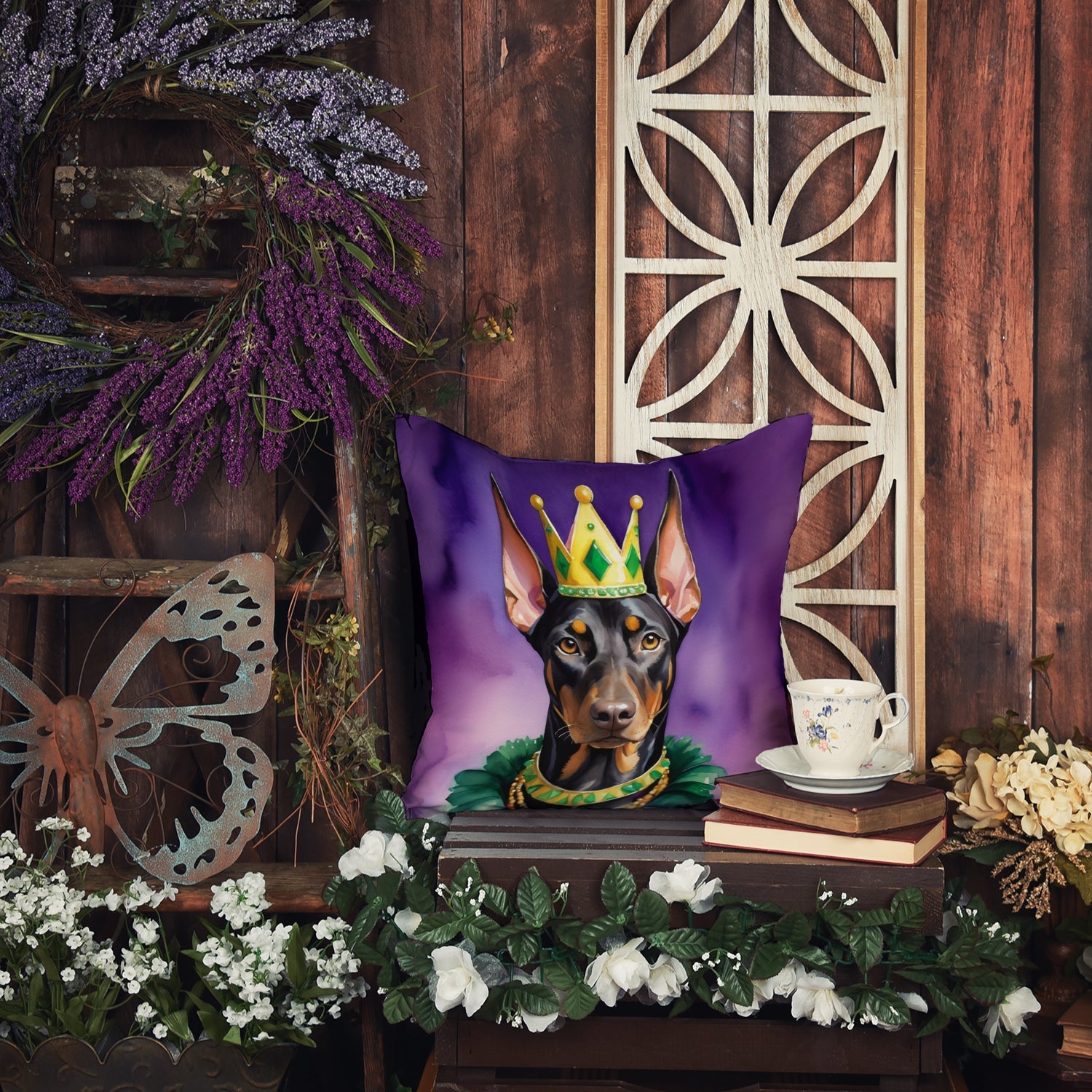 Doberman Pinscher King of Mardi Gras Decorative Throw Pillow 14x14 Indoor Outdoor Accent Cushion, Fabric Cover with Insert for Sofa, Bed, Porch & Living Room