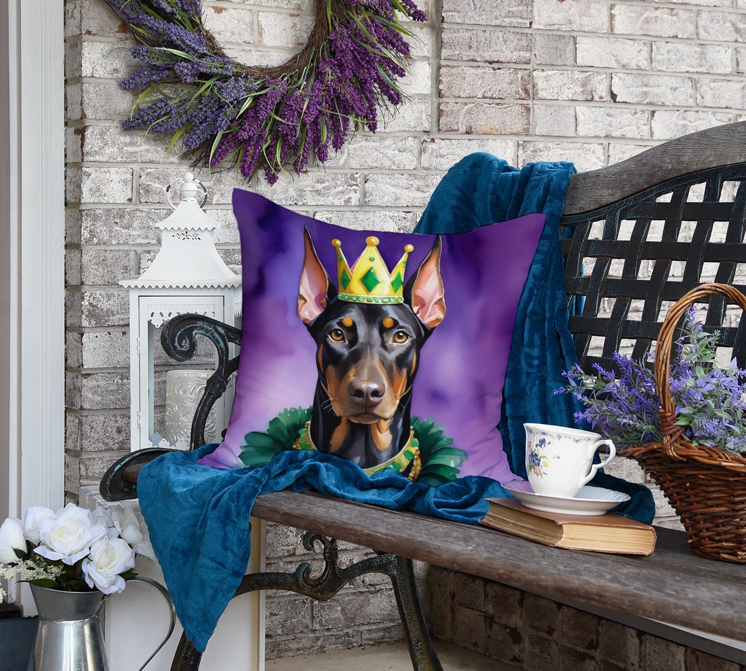 Doberman Pinscher King of Mardi Gras Decorative Throw Pillow 18x18 Indoor Outdoor Accent Cushion, Fabric Cover with Insert for Sofa, Bed, Porch & Living Room