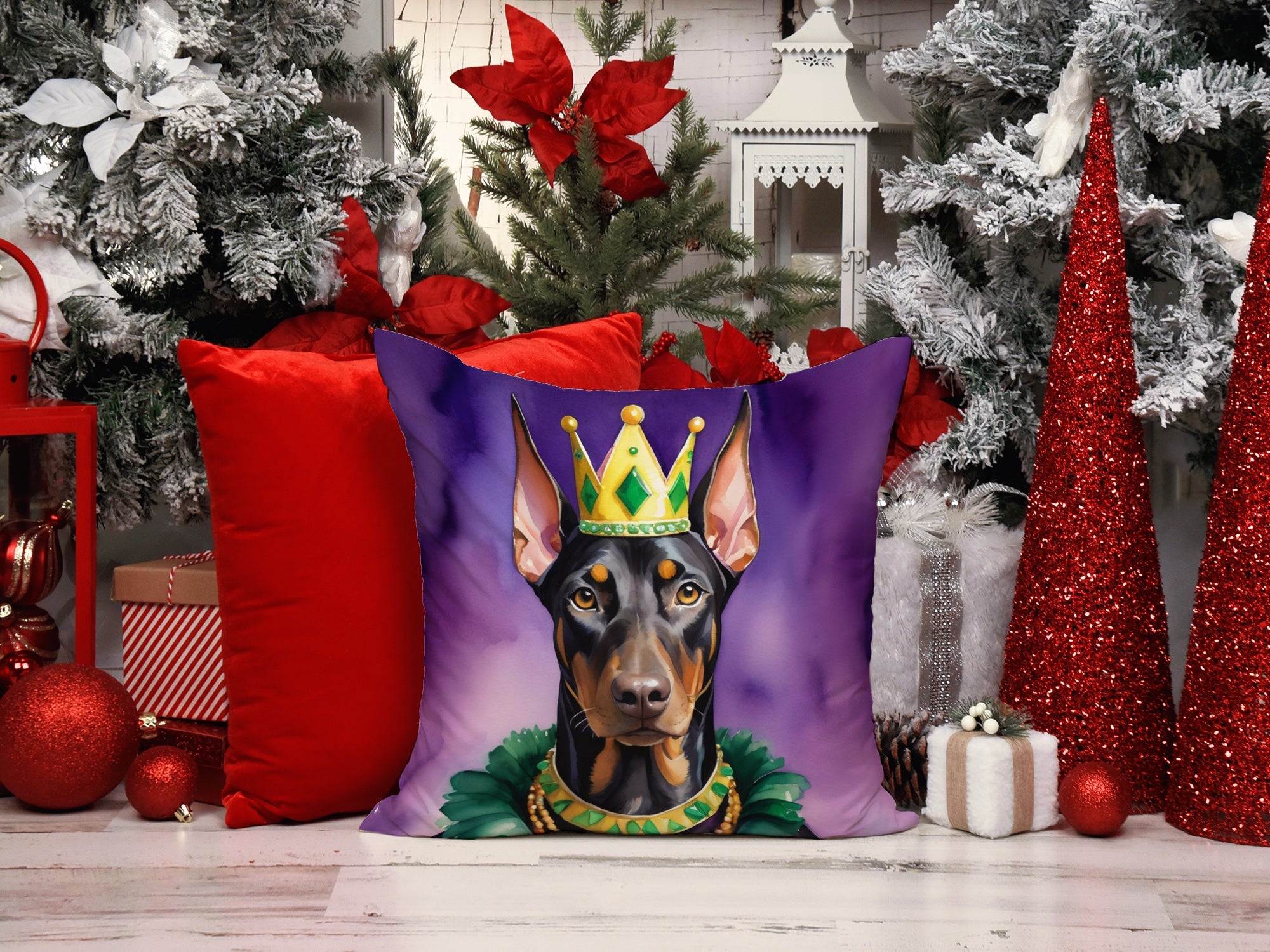 Doberman Pinscher King of Mardi Gras Decorative Throw Pillow 18x18 Indoor Outdoor Accent Cushion, Fabric Cover with Insert for Sofa, Bed, Porch & Living Room