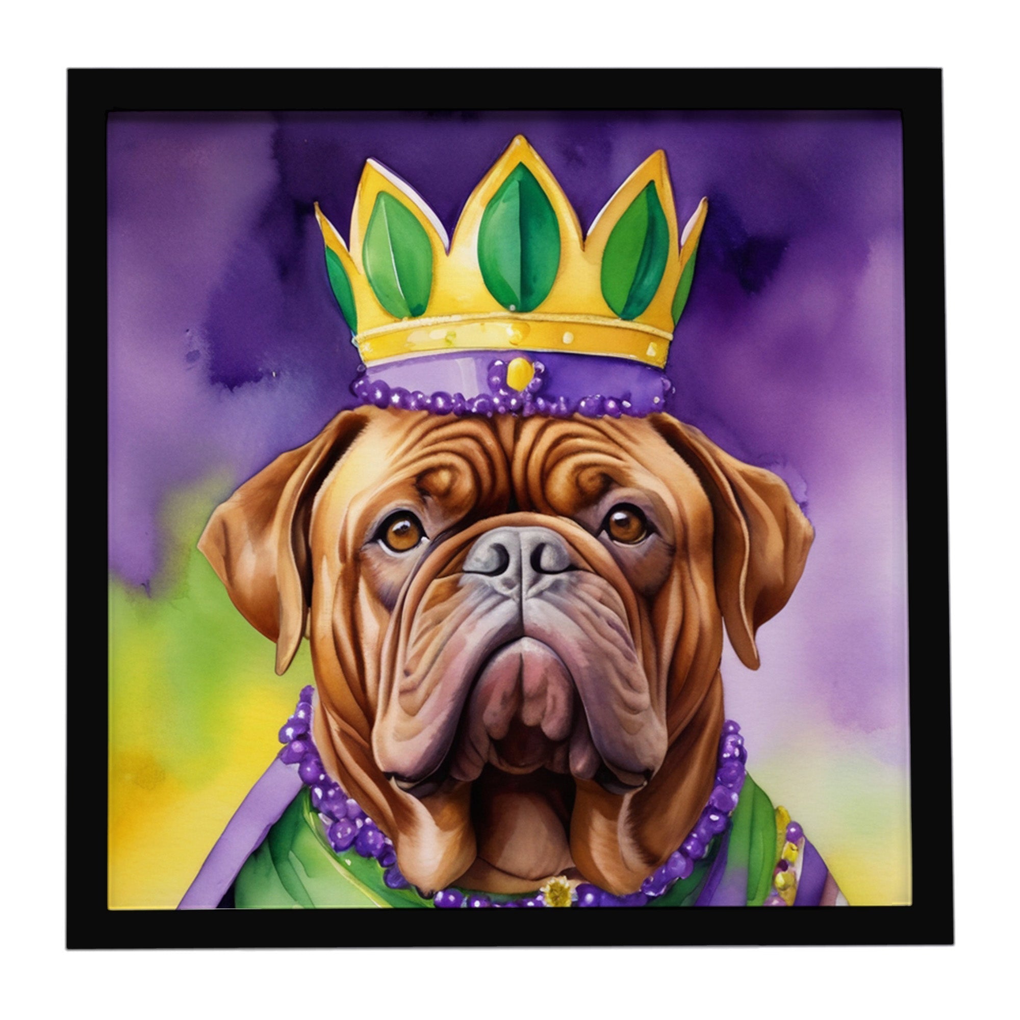 Dogue de Bordeaux King of Mardi Gras Framed Metal Print Bathroom, Kitchen, Office, Home Decor Wall Art Ready to Hang, Square, 8X8
