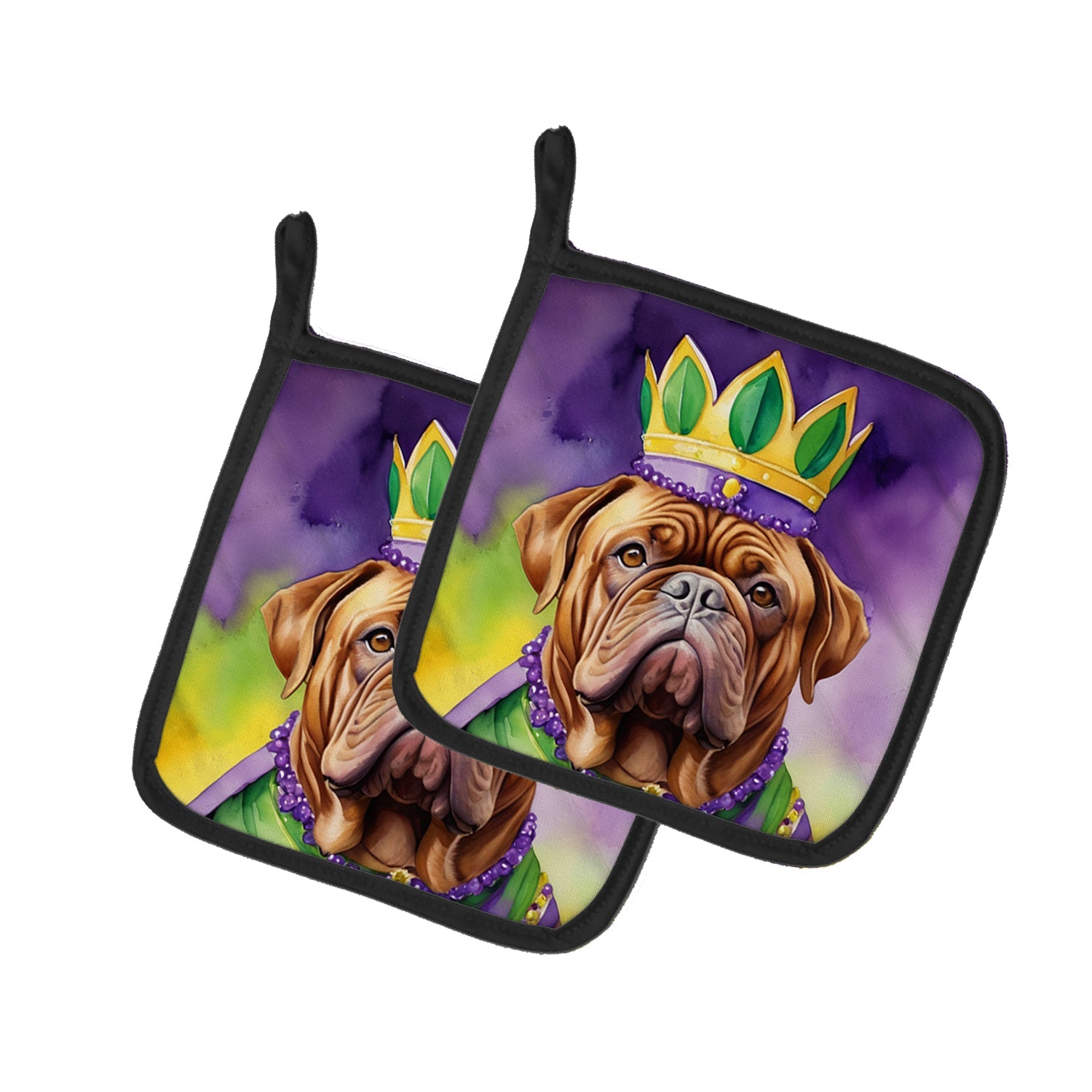 Dogue de Bordeaux King of Mardi Gras Pot Holder Set of 2 Heat Resistant Quilted Hot Pads 7.5 x 7.5 Inch, Insulated Kitchen Trivets for Cooking & Baking