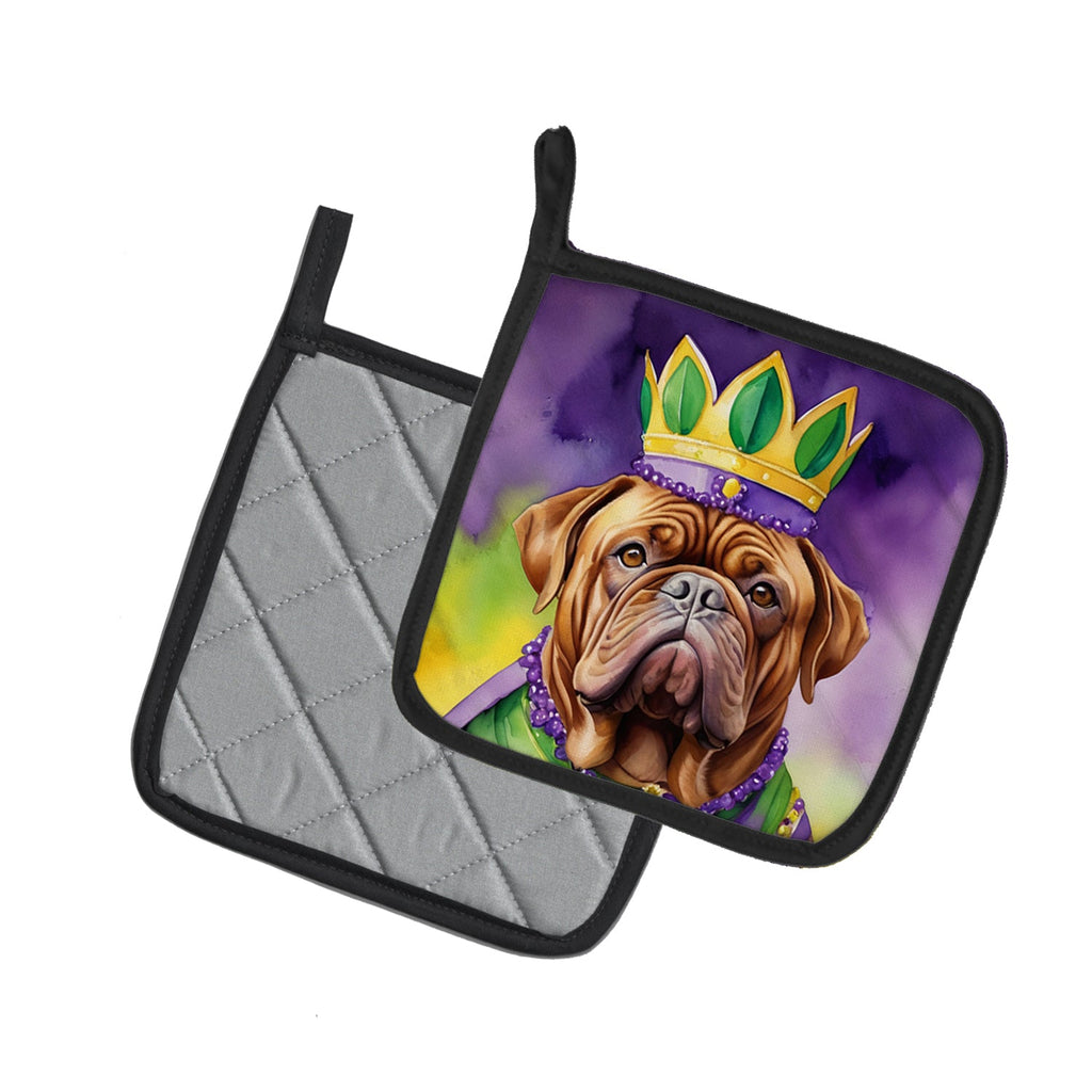 Dogue de Bordeaux King of Mardi Gras Pot Holder Set of 2 Heat Resistant Quilted Hot Pads 7.5 x 7.5 Inch, Insulated Kitchen Trivets for Cooking & Baking