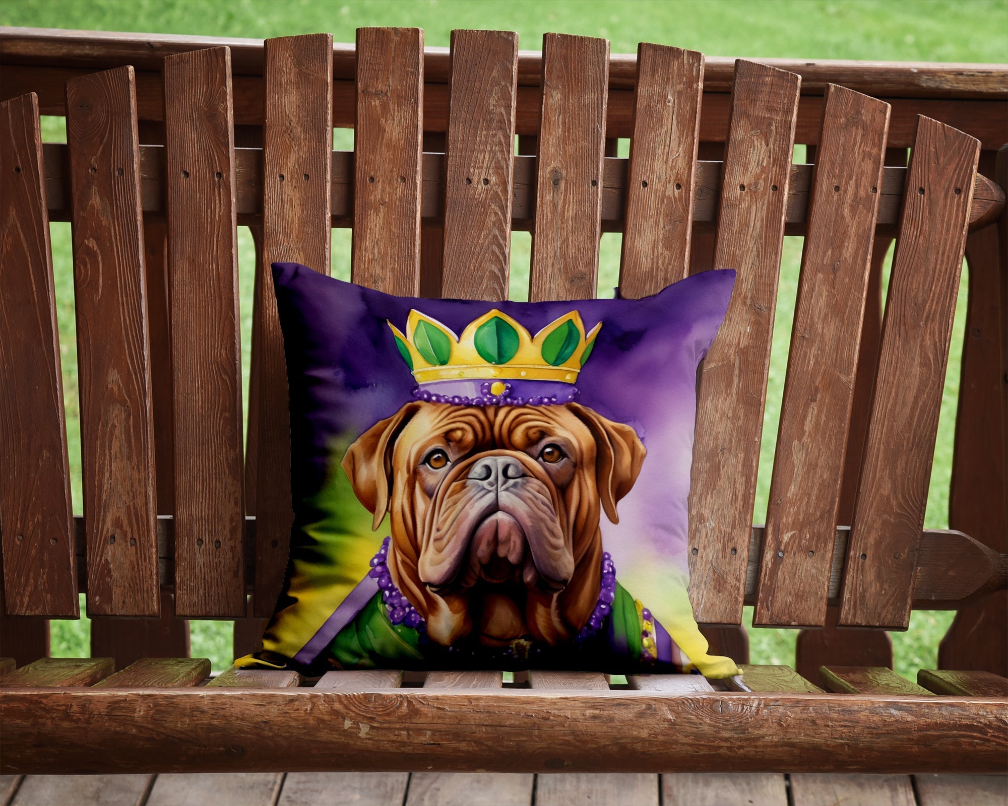 Dogue de Bordeaux King of Mardi Gras Decorative Throw Pillow 14x14 Indoor Outdoor Accent Cushion, Fabric Cover with Insert for Sofa, Bed, Porch & Living Room