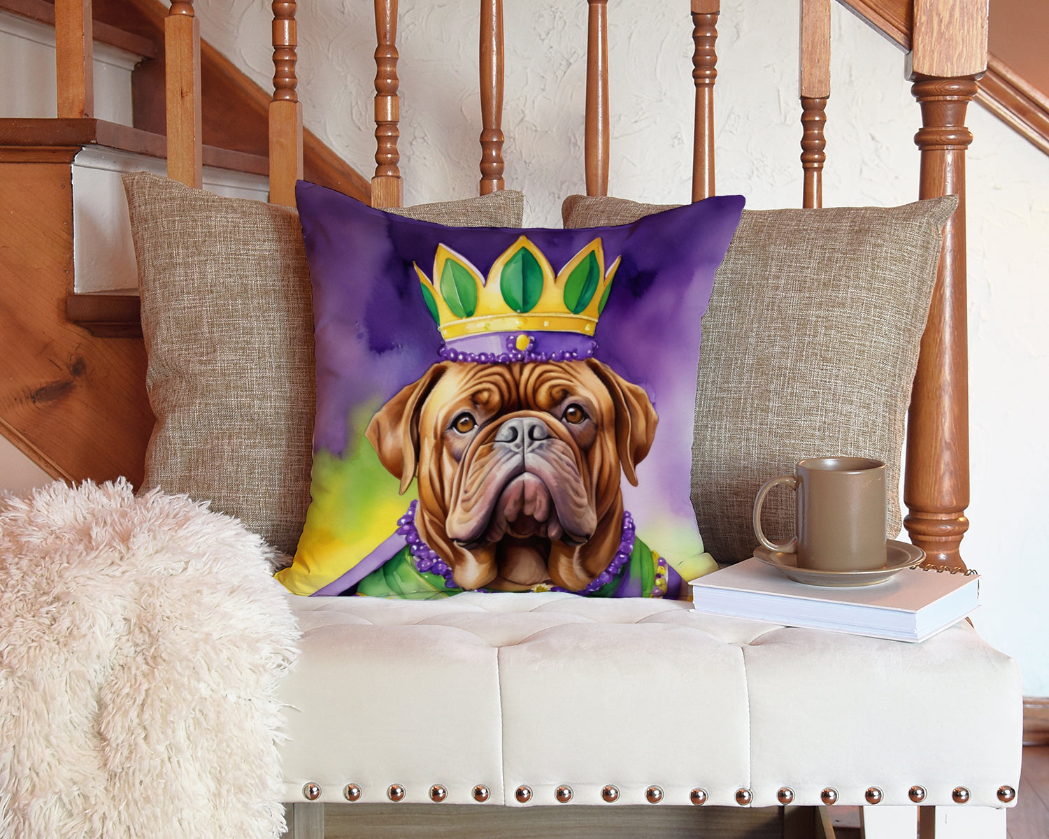 Dogue de Bordeaux King of Mardi Gras Decorative Throw Pillow 14x14 Indoor Outdoor Accent Cushion, Fabric Cover with Insert for Sofa, Bed, Porch & Living Room