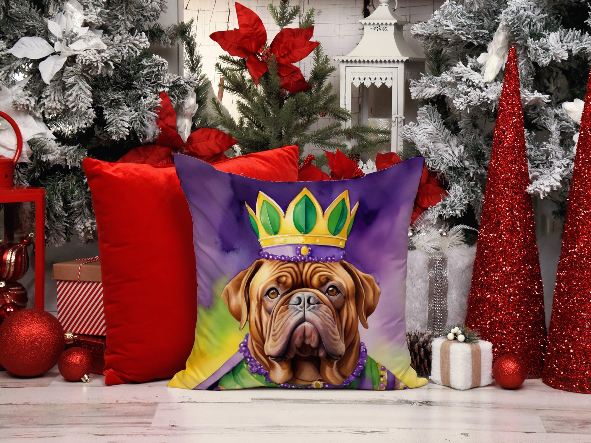 Dogue de Bordeaux King of Mardi Gras Decorative Throw Pillow 14x14 Indoor Outdoor Accent Cushion, Fabric Cover with Insert for Sofa, Bed, Porch & Living Room