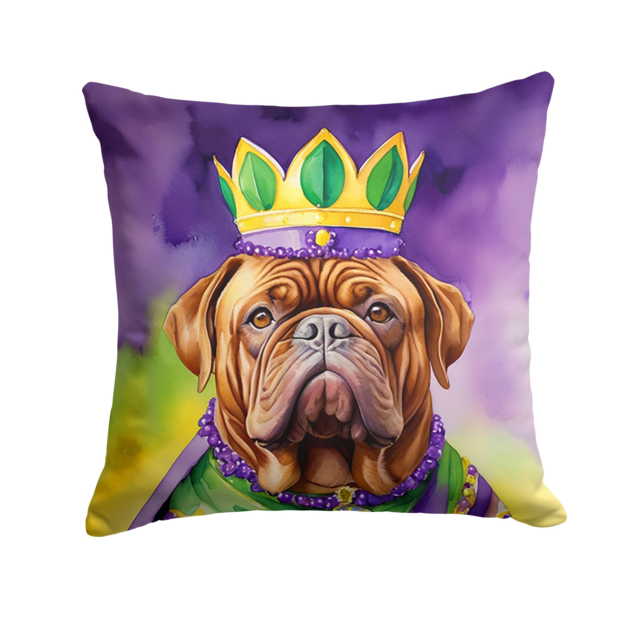 Dogue de Bordeaux King of Mardi Gras Decorative Throw Pillow 18x18 Indoor Outdoor Accent Cushion, Fabric Cover with Insert for Sofa, Bed, Porch & Living Room