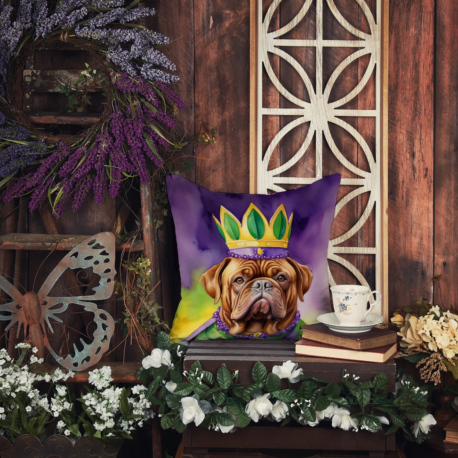 Dogue de Bordeaux King of Mardi Gras Decorative Throw Pillow 18x18 Indoor Outdoor Accent Cushion, Fabric Cover with Insert for Sofa, Bed, Porch & Living Room