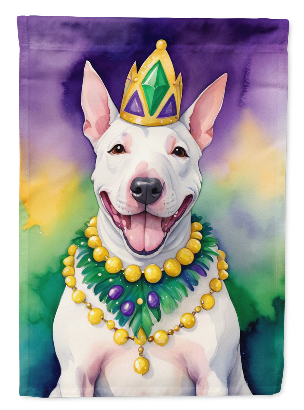 English Bull Terrier King of Mardi Gras House Flag 28x40 Porch Sleeve Pole Decorative Outside Yard Banner Artwork Wall Hanging, Polyester