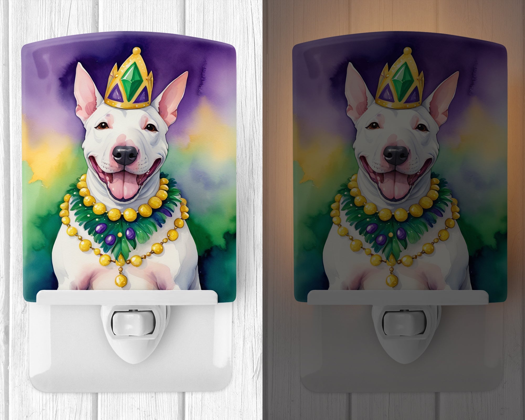 English Bull Terrier King of Mardi Gras Ceramic Night Light Compact, UL-Certified, Ideal for Bedroom, Bathroom, Nursery, Hallway, Kitchen, 6x4x3, Multicolor