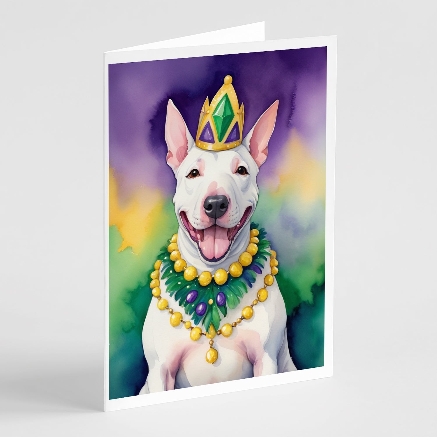 English Bull Terrier King of Mardi Gras Greeting Cards Pack of 8 Blank Cards with Envelopes Whimsical A7 Size 5x7