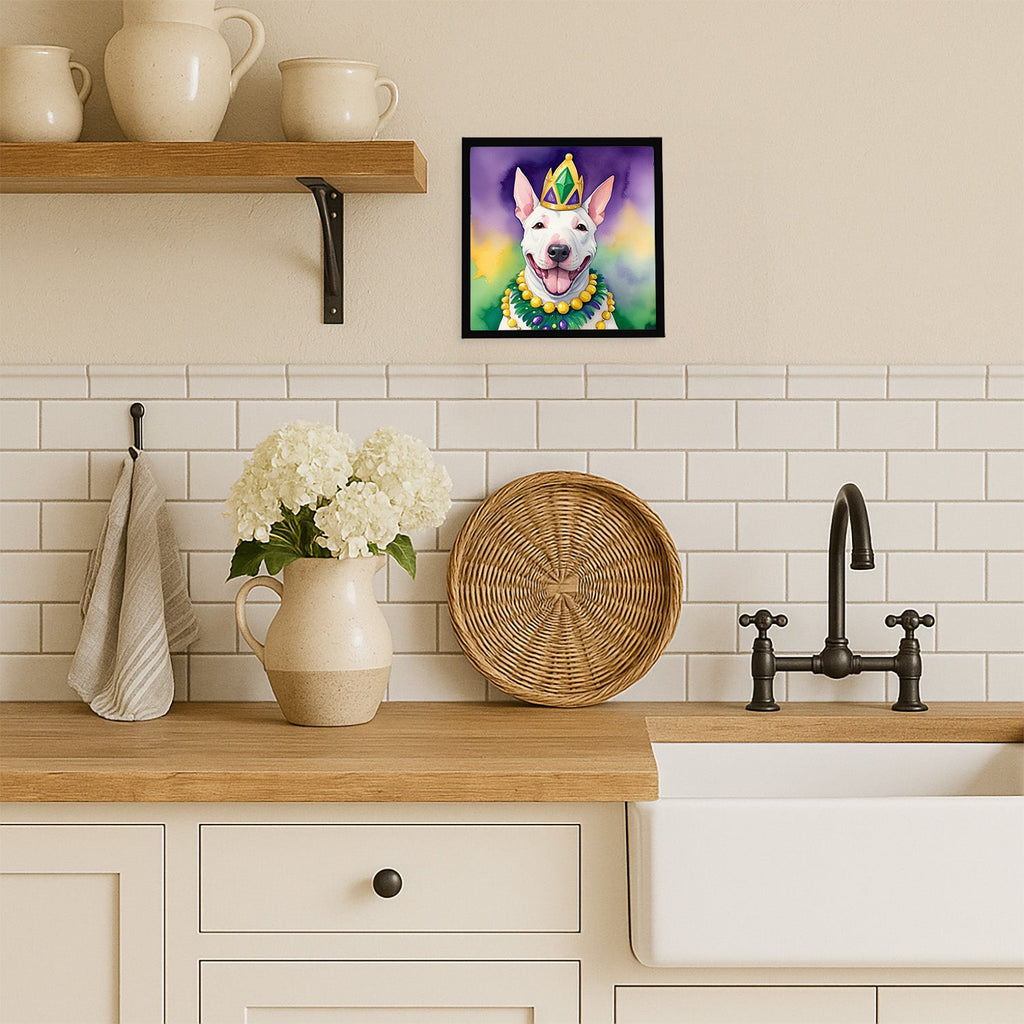 English Bull Terrier King of Mardi Gras Framed Metal Print Bathroom, Kitchen, Office, Home Decor Wall Art Ready to Hang, Square, 8X8