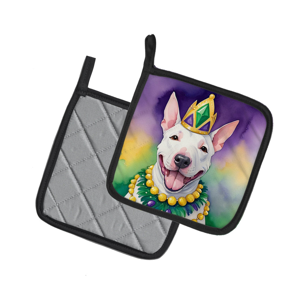 English Bull Terrier King of Mardi Gras Pot Holder Set of 2 Heat Resistant Quilted Hot Pads 7.5 x 7.5 Inch, Insulated Kitchen Trivets for Cooking & Baking