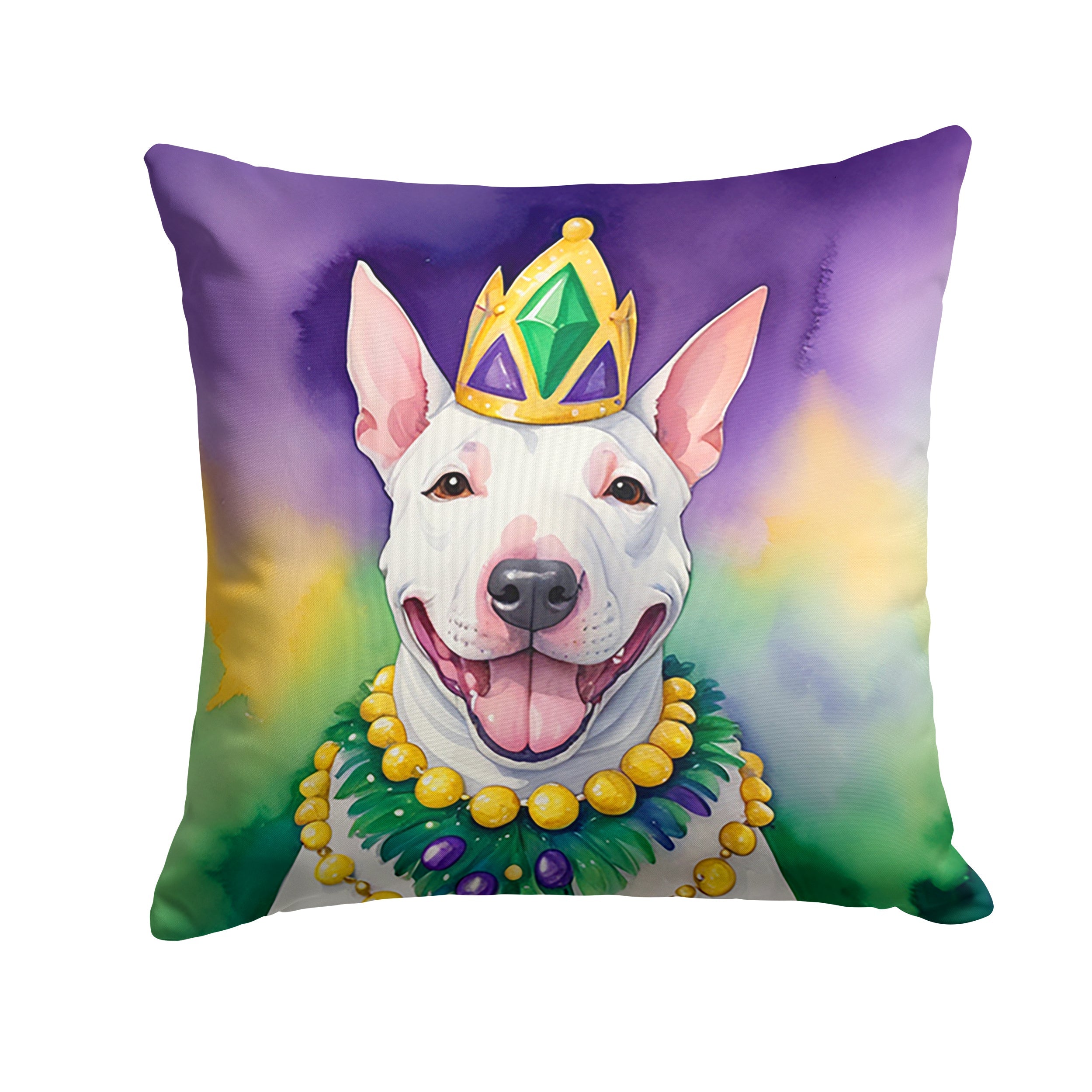 English Bull Terrier King of Mardi Gras Decorative Throw Pillow 14x14 Indoor Outdoor Accent Cushion, Fabric Cover with Insert for Sofa, Bed, Porch & Living Room