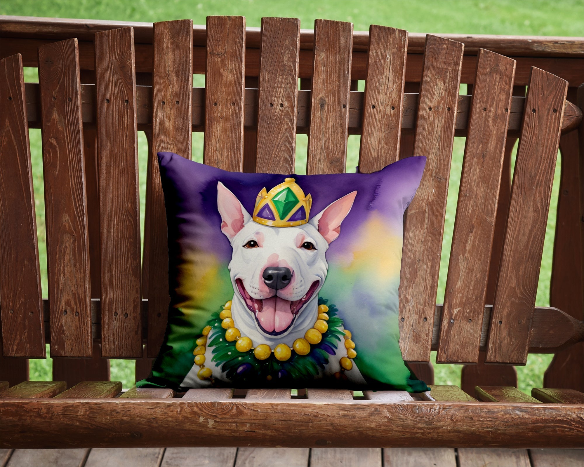 English Bull Terrier King of Mardi Gras Decorative Throw Pillow 14x14 Indoor Outdoor Accent Cushion, Fabric Cover with Insert for Sofa, Bed, Porch & Living Room