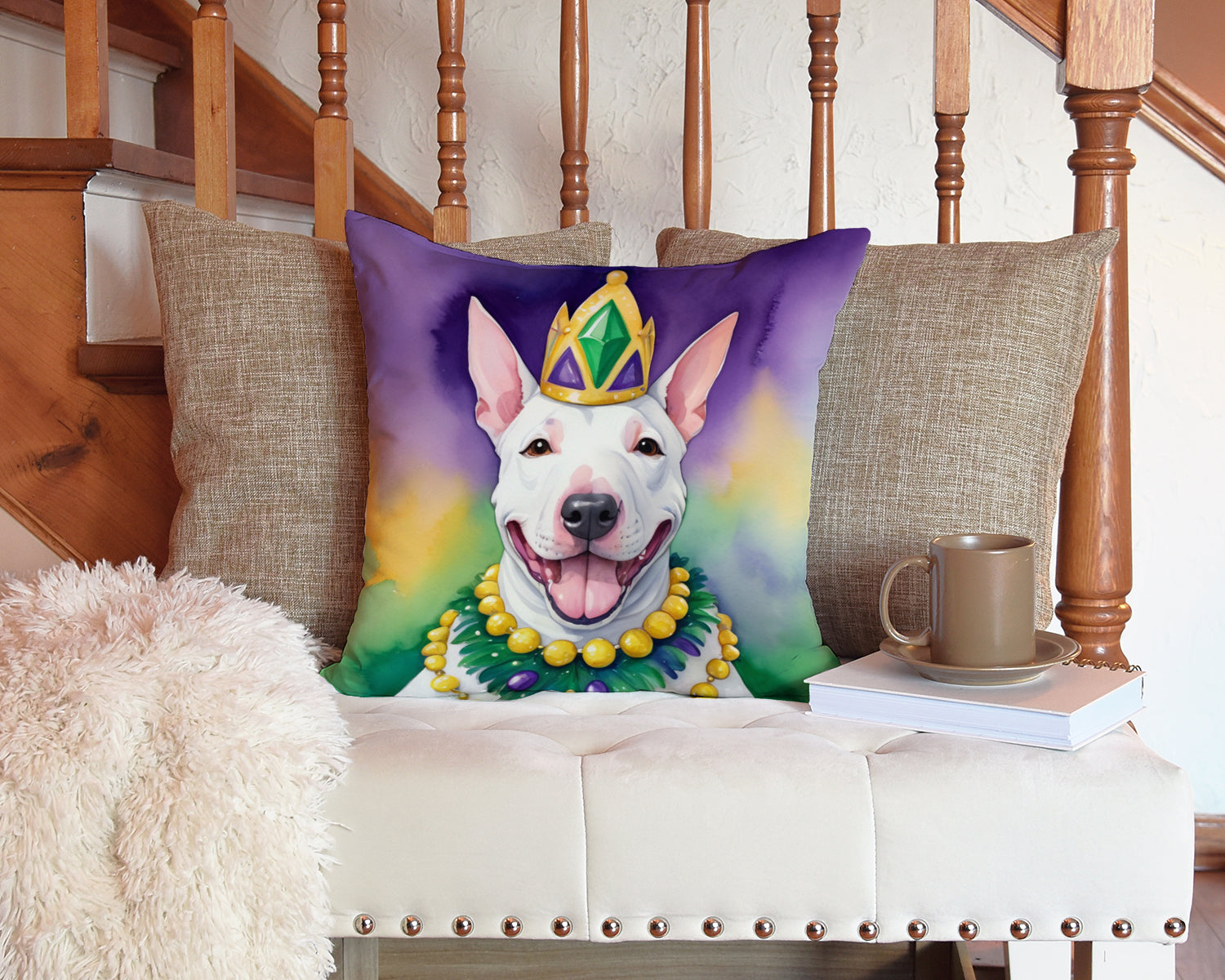 English Bull Terrier King of Mardi Gras Decorative Throw Pillow 14x14 Indoor Outdoor Accent Cushion, Fabric Cover with Insert for Sofa, Bed, Porch & Living Room