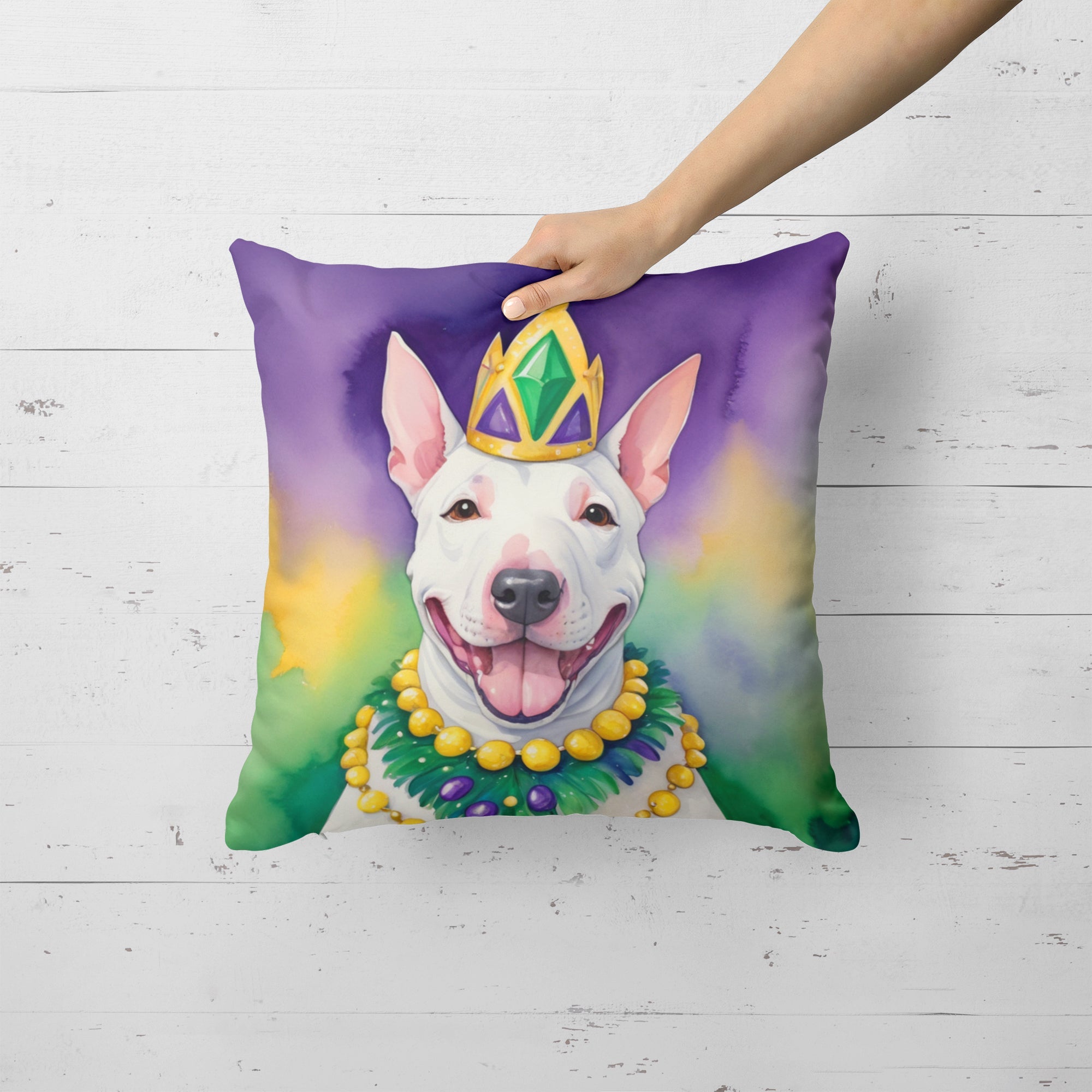 English Bull Terrier King of Mardi Gras Decorative Throw Pillow 18x18 Indoor Outdoor Accent Cushion, Fabric Cover with Insert for Sofa, Bed, Porch & Living Room