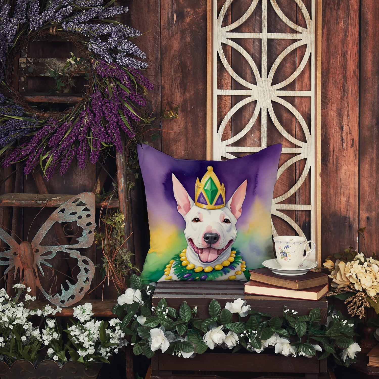 English Bull Terrier King of Mardi Gras Decorative Throw Pillow 18x18 Indoor Outdoor Accent Cushion, Fabric Cover with Insert for Sofa, Bed, Porch & Living Room