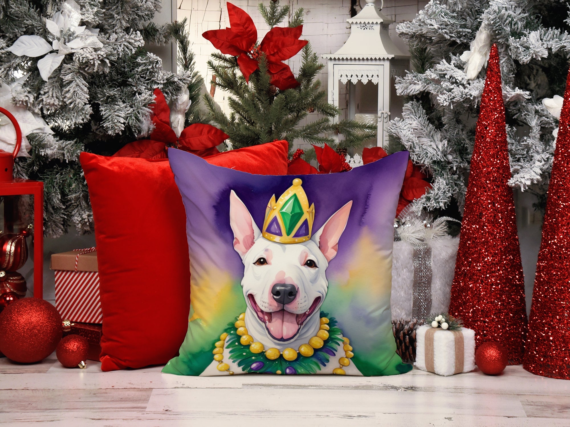 English Bull Terrier King of Mardi Gras Decorative Throw Pillow 18x18 Indoor Outdoor Accent Cushion, Fabric Cover with Insert for Sofa, Bed, Porch & Living Room