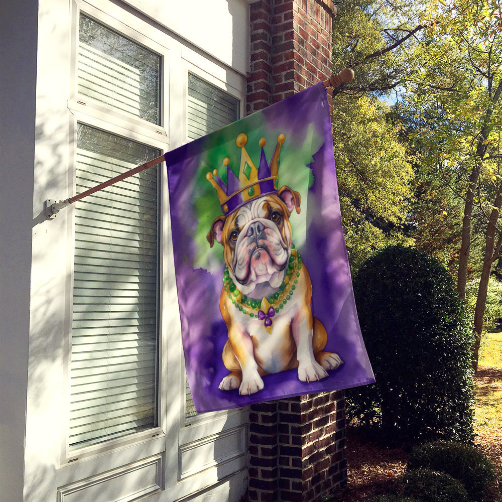English Bulldog King of Mardi Gras House Flag 28x40 Porch Sleeve Pole Decorative Outside Yard Banner Artwork Wall Hanging, Polyester