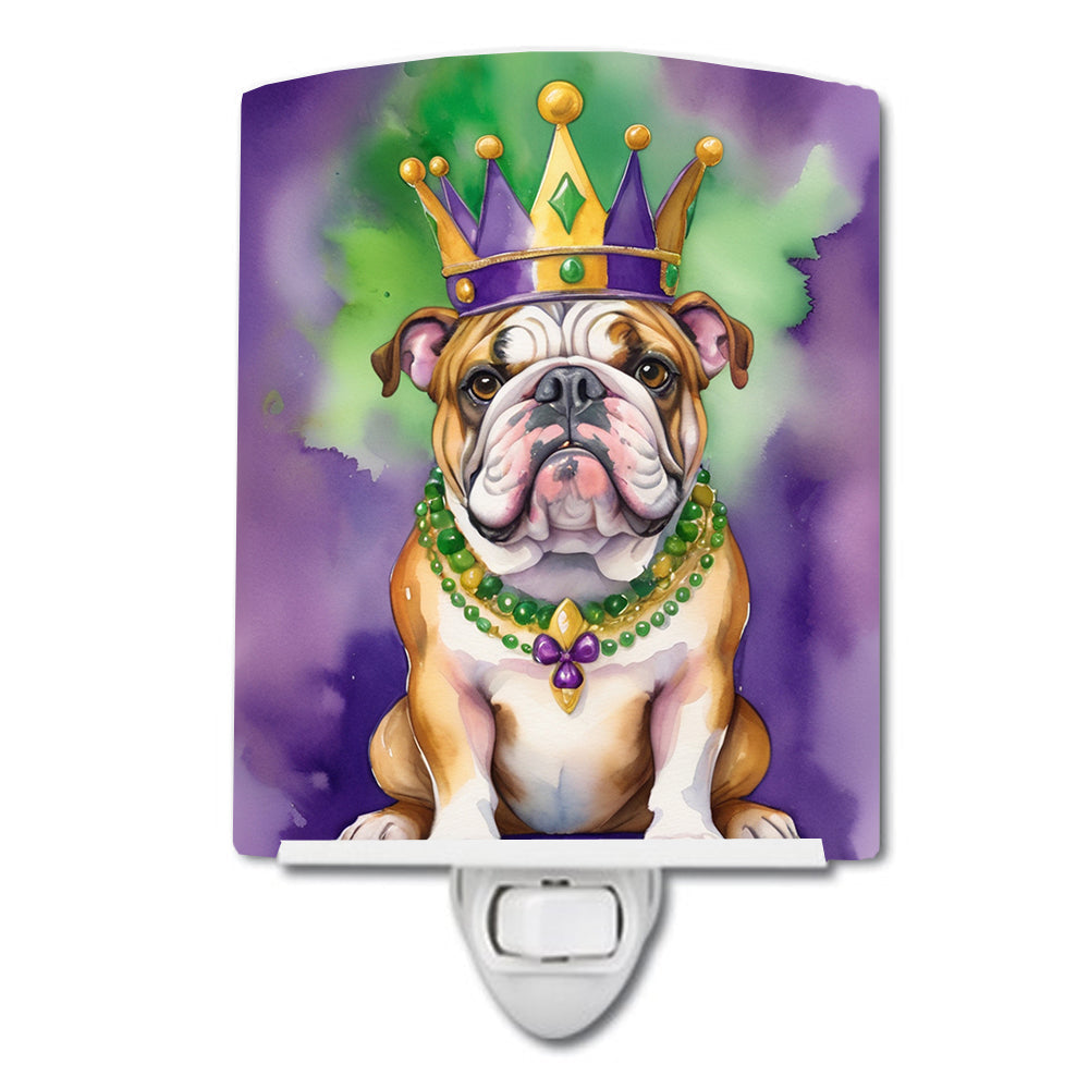 English Bulldog King of Mardi Gras Ceramic Night Light Compact, UL-Certified, Ideal for Bedroom, Bathroom, Nursery, Hallway, Kitchen, 6x4x3, Multicolor