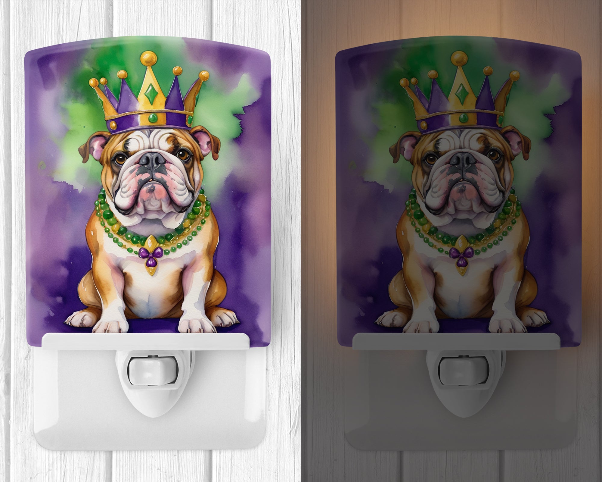 English Bulldog King of Mardi Gras Ceramic Night Light Compact, UL-Certified, Ideal for Bedroom, Bathroom, Nursery, Hallway, Kitchen, 6x4x3, Multicolor