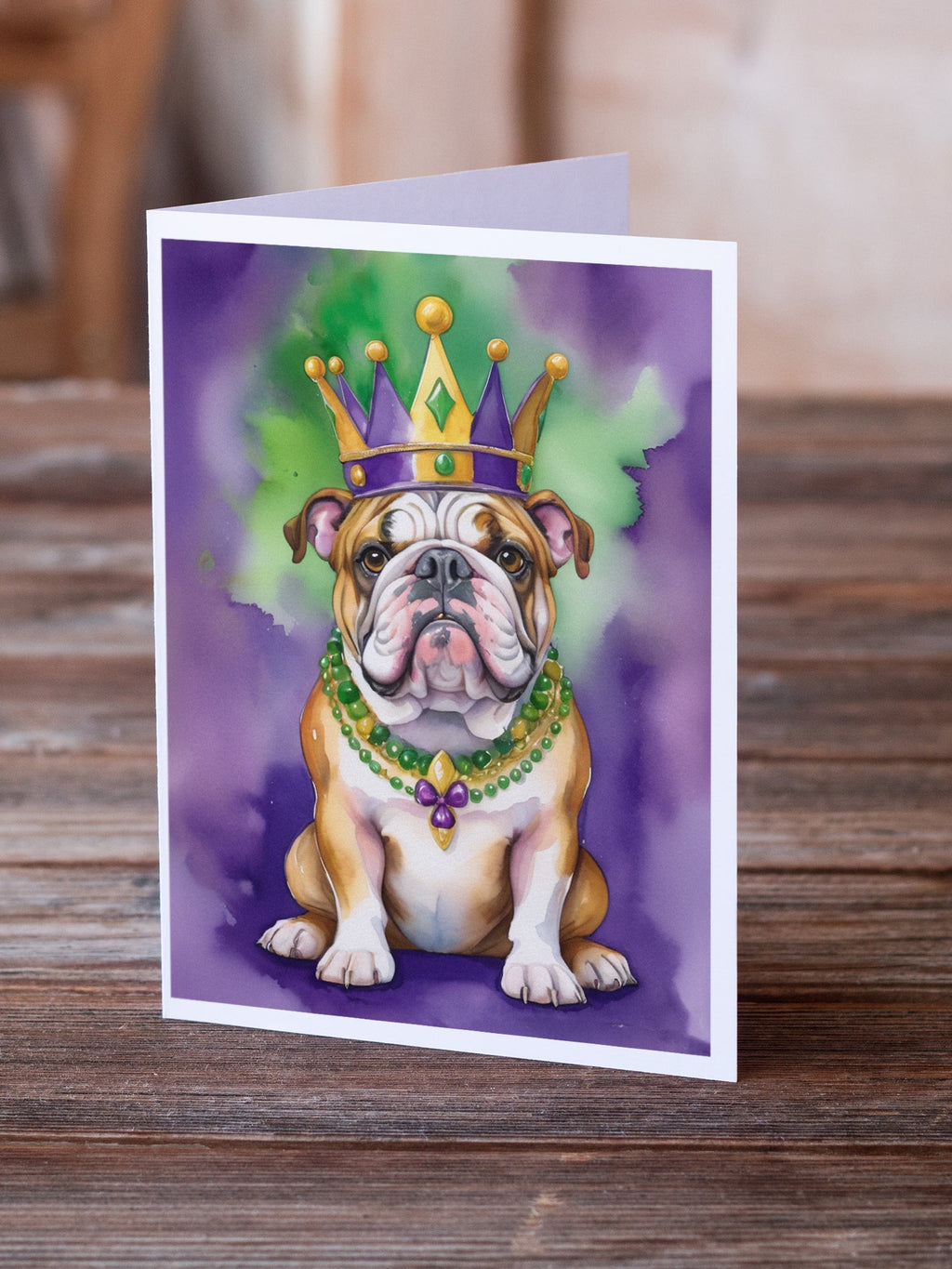 English Bulldog King of Mardi Gras Greeting Cards Pack of 8 Blank Cards with Envelopes Whimsical A7 Size 5x7