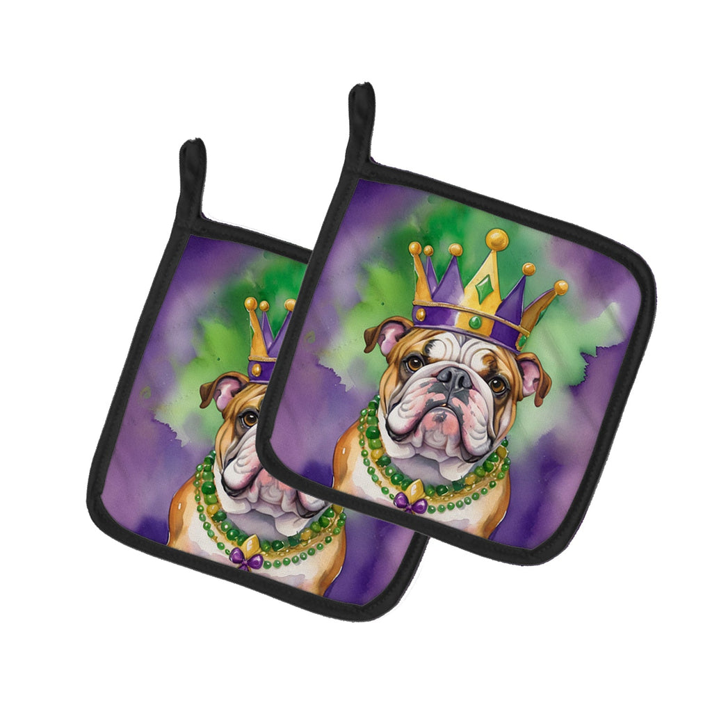 English Bulldog King of Mardi Gras Pot Holder Set of 2 Heat Resistant Quilted Hot Pads 7.5 x 7.5 Inch, Insulated Kitchen Trivets for Cooking & Baking