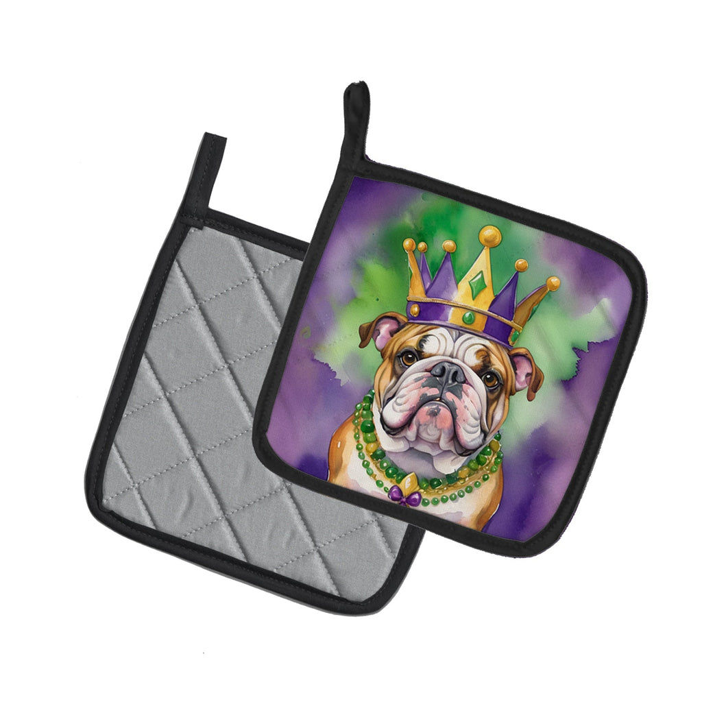 English Bulldog King of Mardi Gras Pot Holder Set of 2 Heat Resistant Quilted Hot Pads 7.5 x 7.5 Inch, Insulated Kitchen Trivets for Cooking & Baking