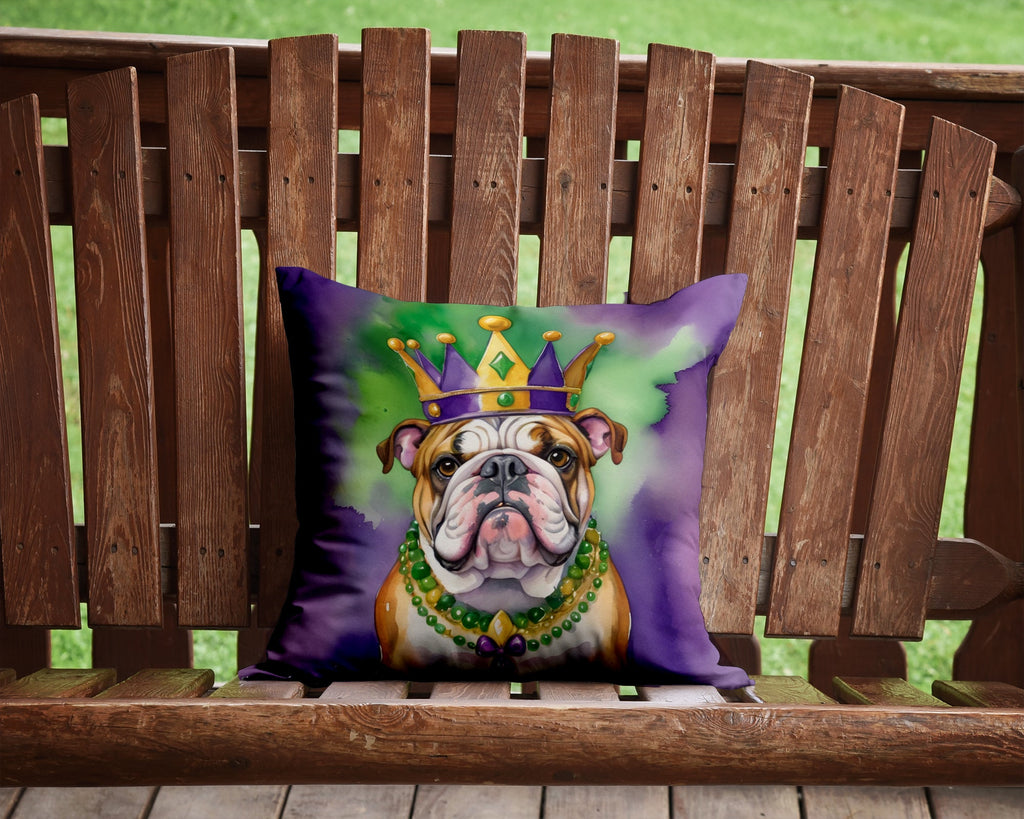 English Bulldog King of Mardi Gras Decorative Throw Pillow 14x14 Indoor Outdoor Accent Cushion, Fabric Cover with Insert for Sofa, Bed, Porch & Living Room