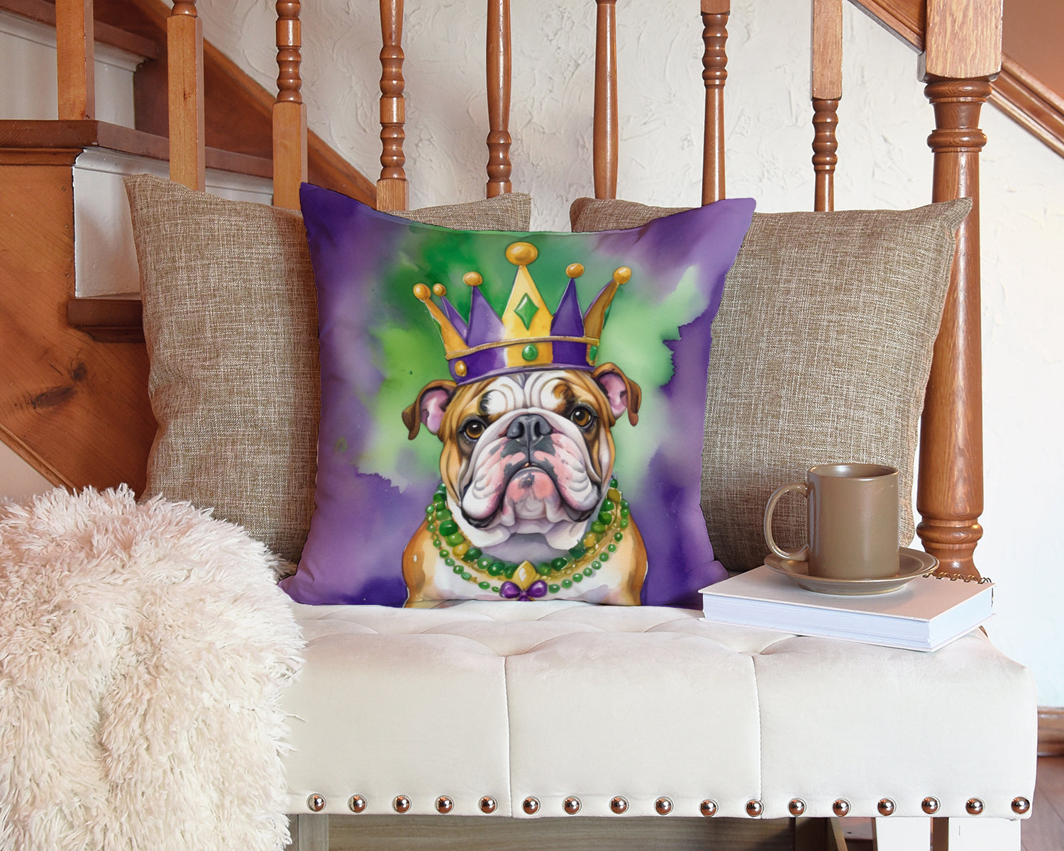 English Bulldog King of Mardi Gras Decorative Throw Pillow 14x14 Indoor Outdoor Accent Cushion, Fabric Cover with Insert for Sofa, Bed, Porch & Living Room