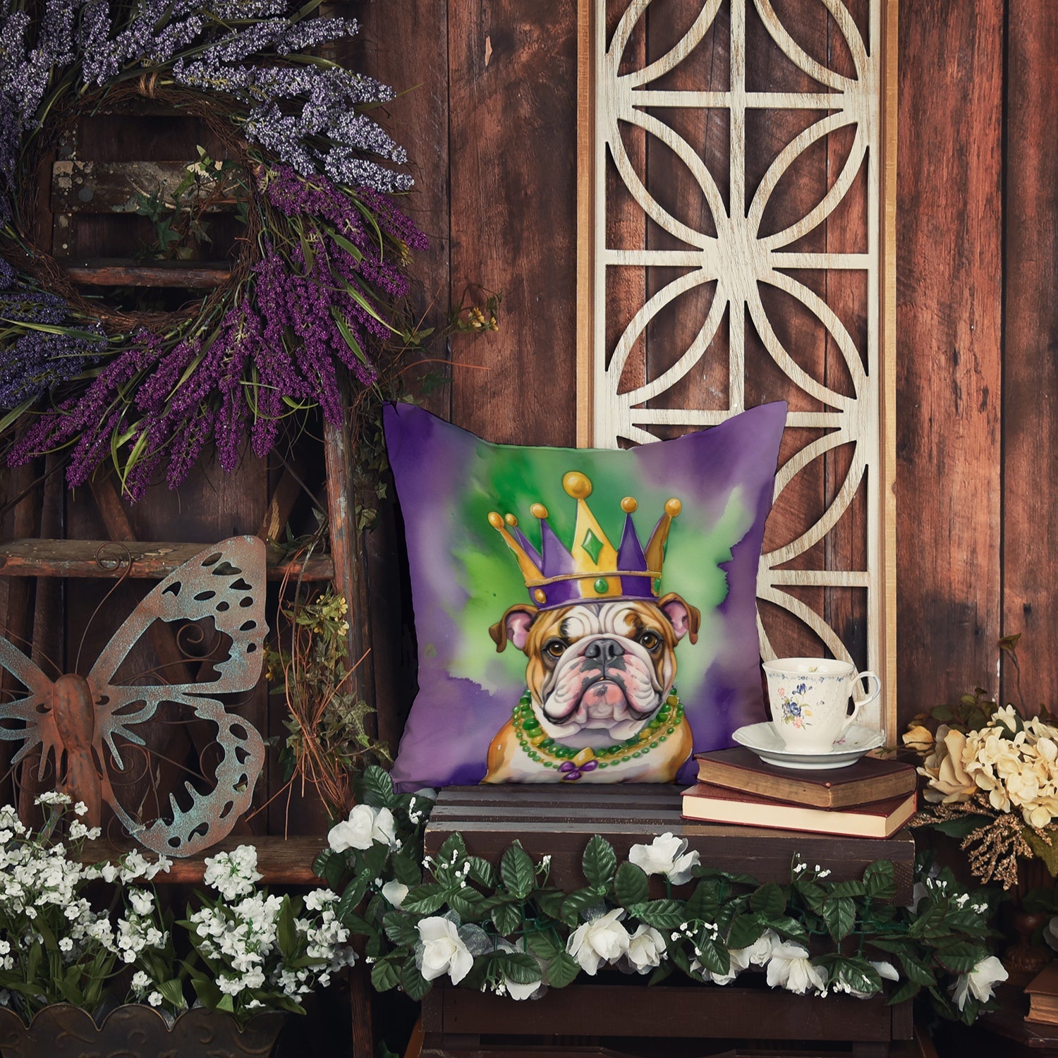 English Bulldog King of Mardi Gras Decorative Throw Pillow 14x14 Indoor Outdoor Accent Cushion, Fabric Cover with Insert for Sofa, Bed, Porch & Living Room