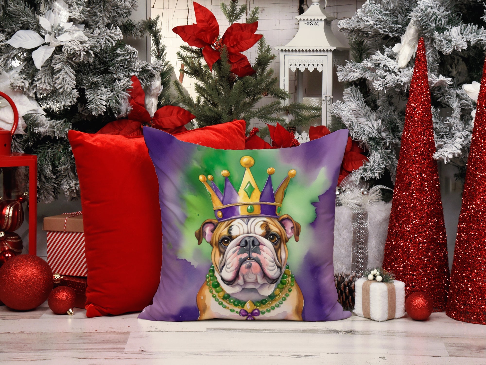 English Bulldog King of Mardi Gras Decorative Throw Pillow 14x14 Indoor Outdoor Accent Cushion, Fabric Cover with Insert for Sofa, Bed, Porch & Living Room