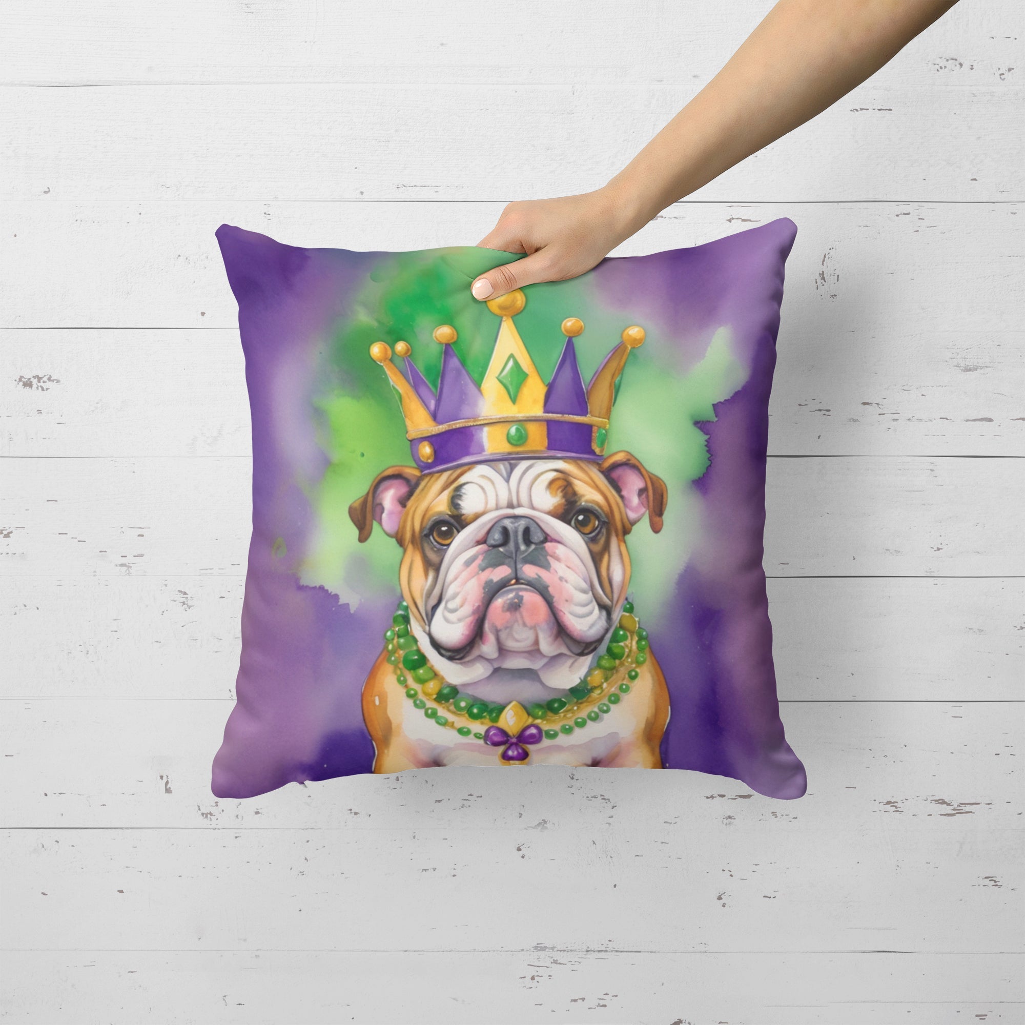 English Bulldog King of Mardi Gras Decorative Throw Pillow 18x18 Indoor Outdoor Accent Cushion, Fabric Cover with Insert for Sofa, Bed, Porch & Living Room