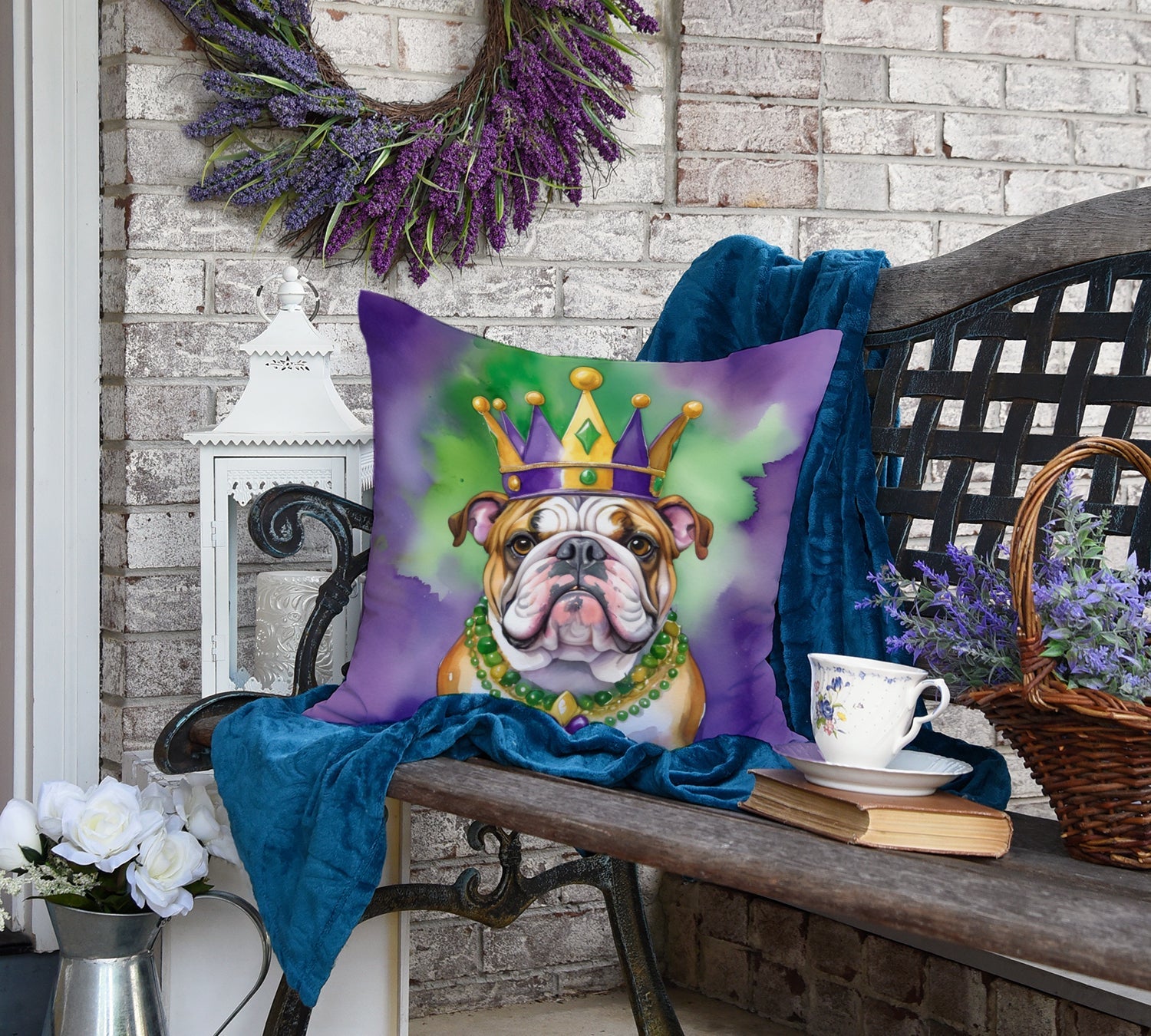 English Bulldog King of Mardi Gras Decorative Throw Pillow 18x18 Indoor Outdoor Accent Cushion, Fabric Cover with Insert for Sofa, Bed, Porch & Living Room