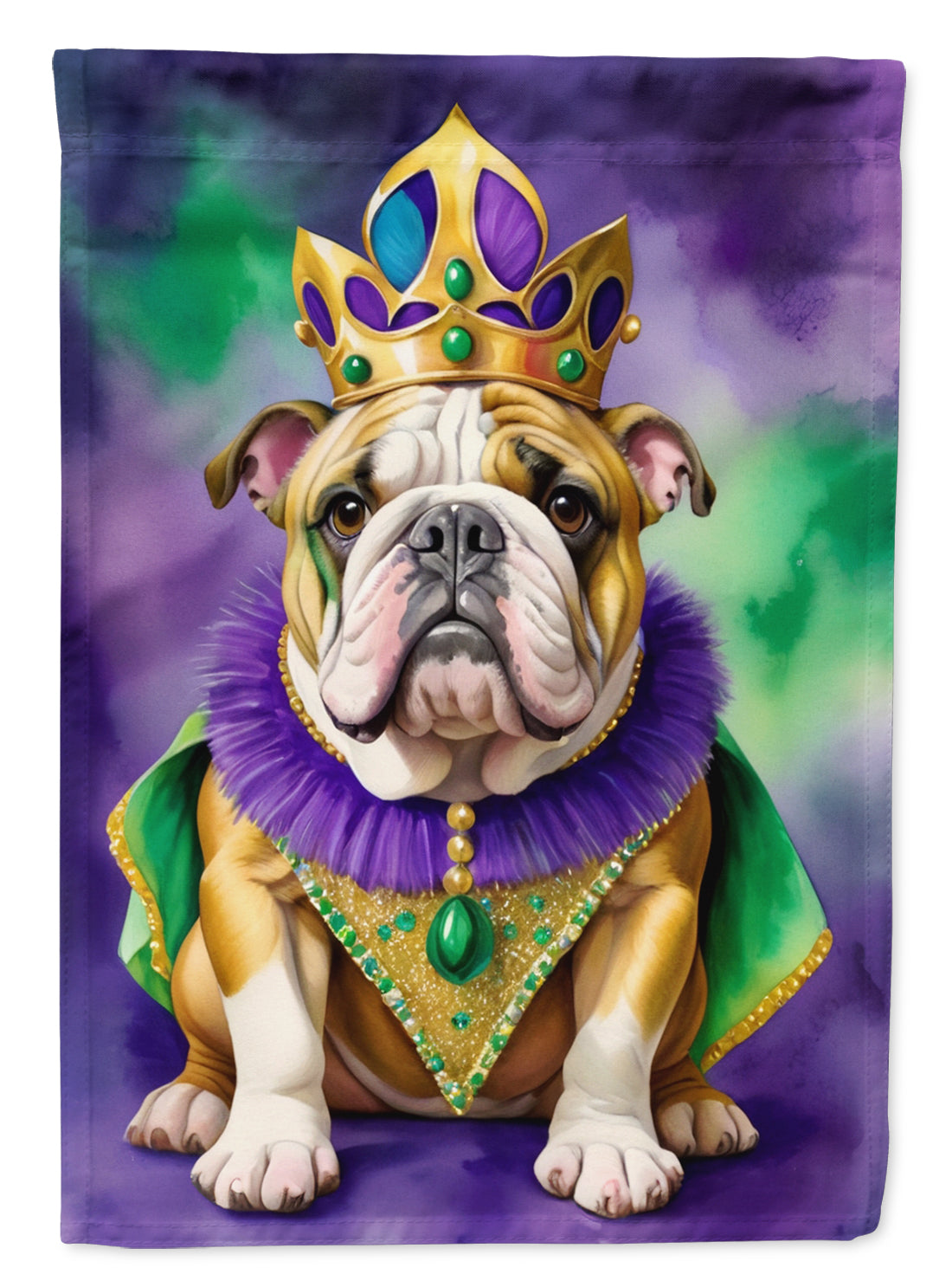 English Bulldog King of Mardi Gras House Flag 28x40 Porch Sleeve Pole Decorative Outside Yard Banner Artwork Wall Hanging, Polyester
