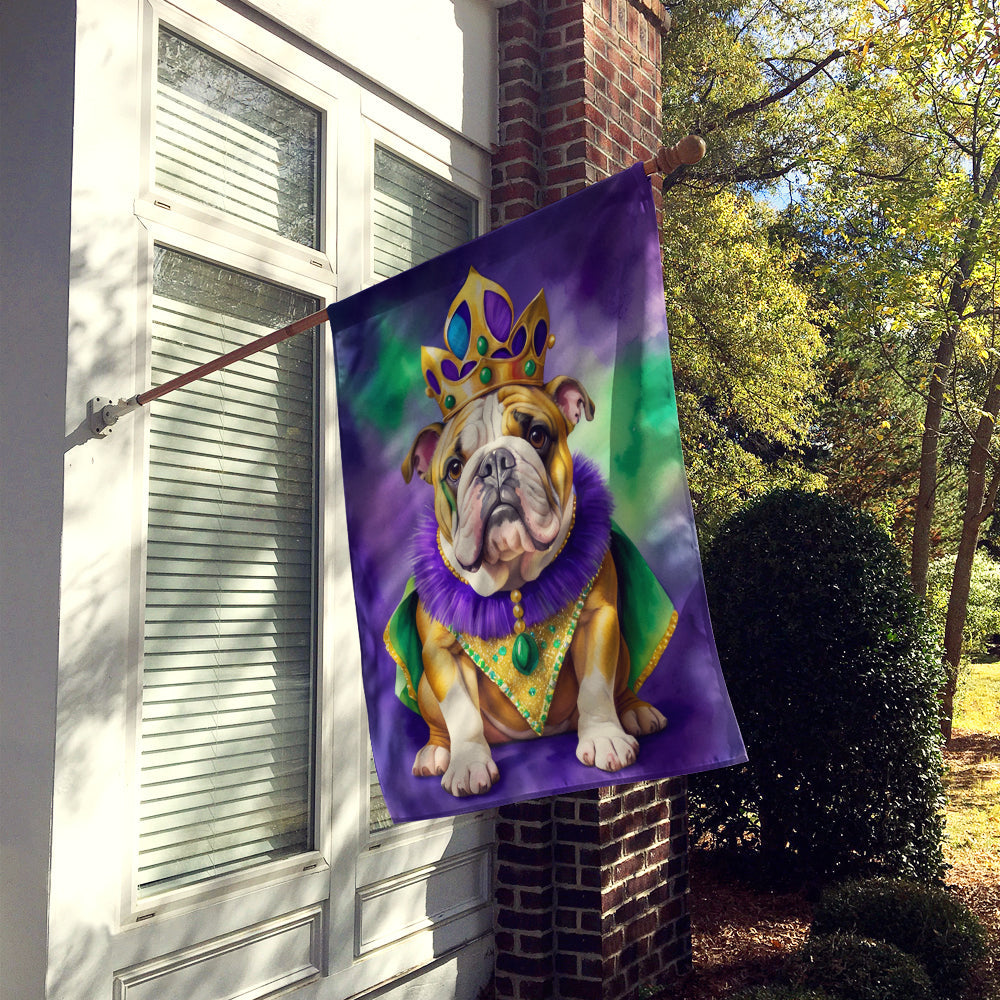 English Bulldog King of Mardi Gras House Flag 28x40 Porch Sleeve Pole Decorative Outside Yard Banner Artwork Wall Hanging, Polyester
