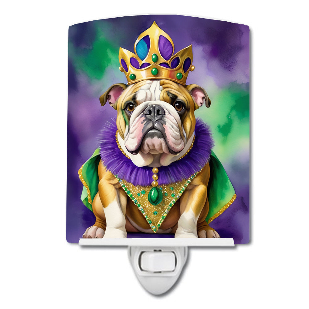 English Bulldog King of Mardi Gras Ceramic Night Light Compact, UL-Certified, Ideal for Bedroom, Bathroom, Nursery, Hallway, Kitchen, 6x4x3, Multicolor