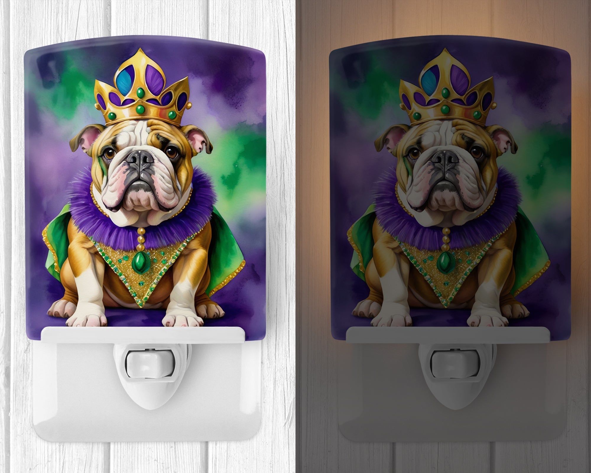 English Bulldog King of Mardi Gras Ceramic Night Light Compact, UL-Certified, Ideal for Bedroom, Bathroom, Nursery, Hallway, Kitchen, 6x4x3, Multicolor
