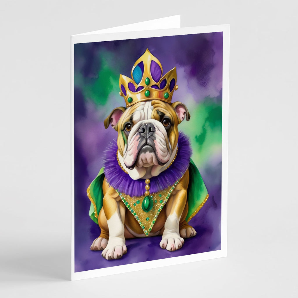 English Bulldog King of Mardi Gras Greeting Cards Pack of 8 Blank Cards with Envelopes Whimsical A7 Size 5x7