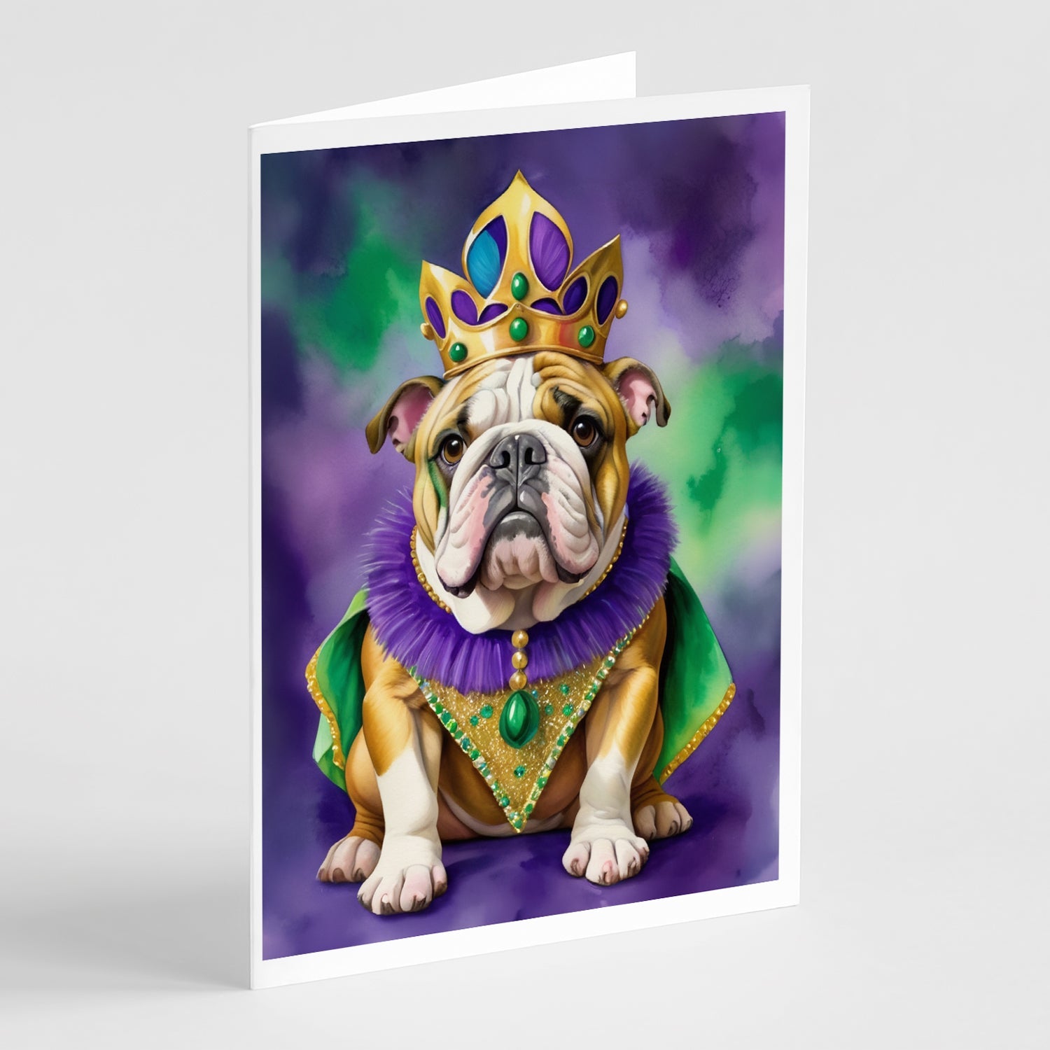 English Bulldog King of Mardi Gras Greeting Cards Pack of 8 Blank Cards with Envelopes Whimsical A7 Size 5x7