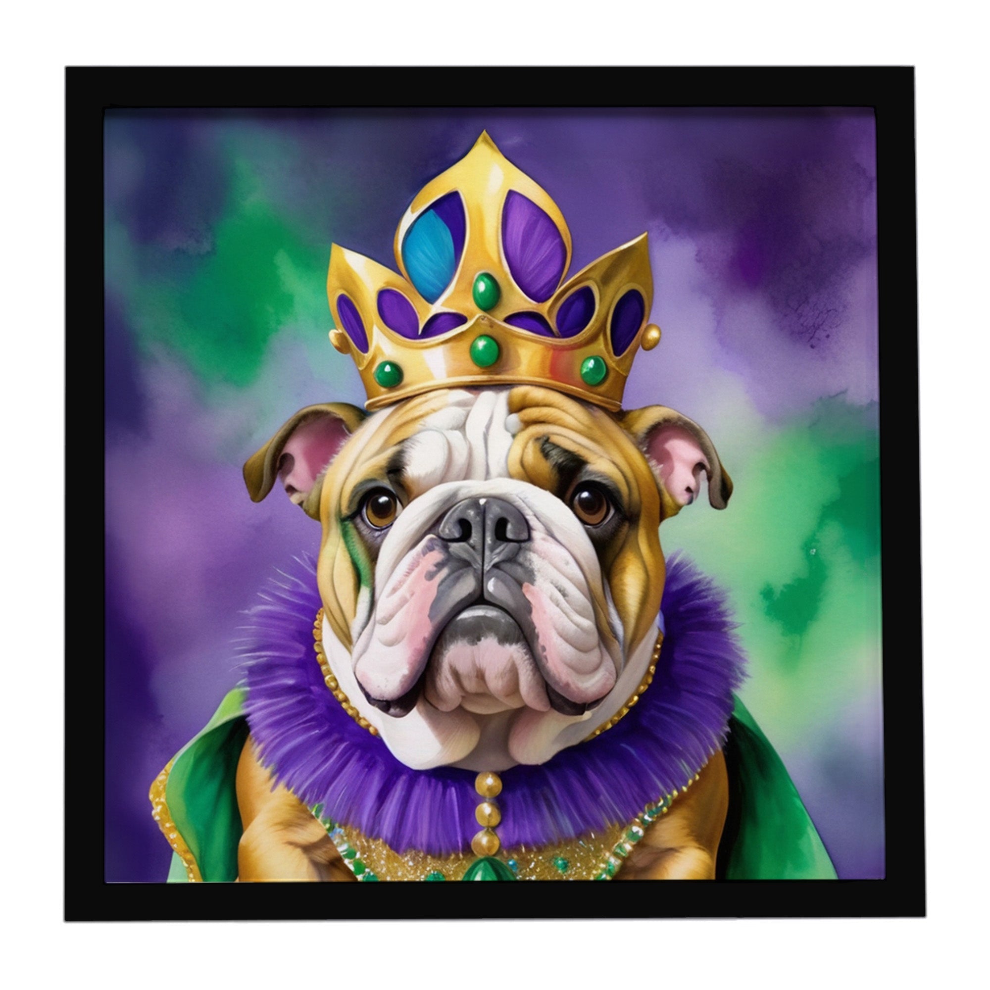 English Bulldog King of Mardi Gras Framed Metal Print Bathroom, Kitchen, Office, Home Decor Wall Art Ready to Hang, Square, 8X8