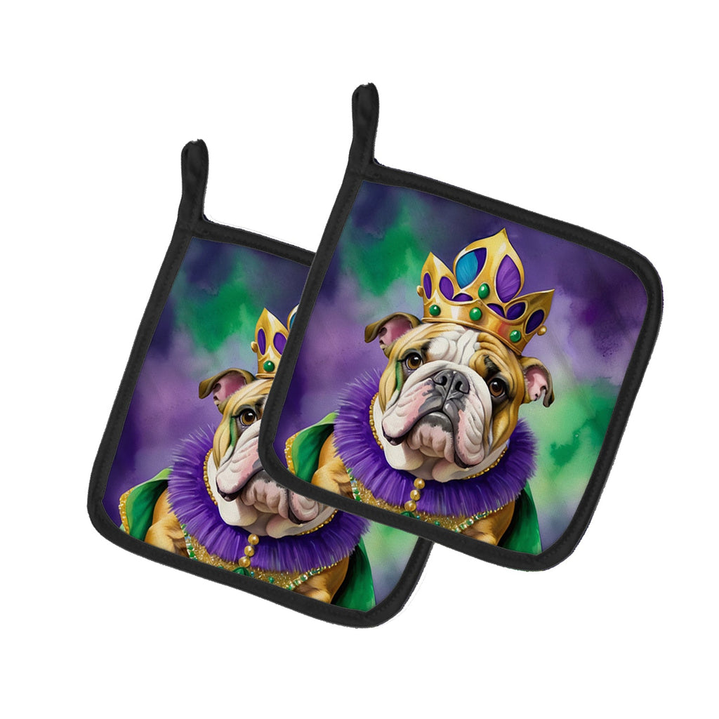 English Bulldog King of Mardi Gras Pot Holder Set of 2 Heat Resistant Quilted Hot Pads 7.5 x 7.5 Inch, Insulated Kitchen Trivets for Cooking & Baking