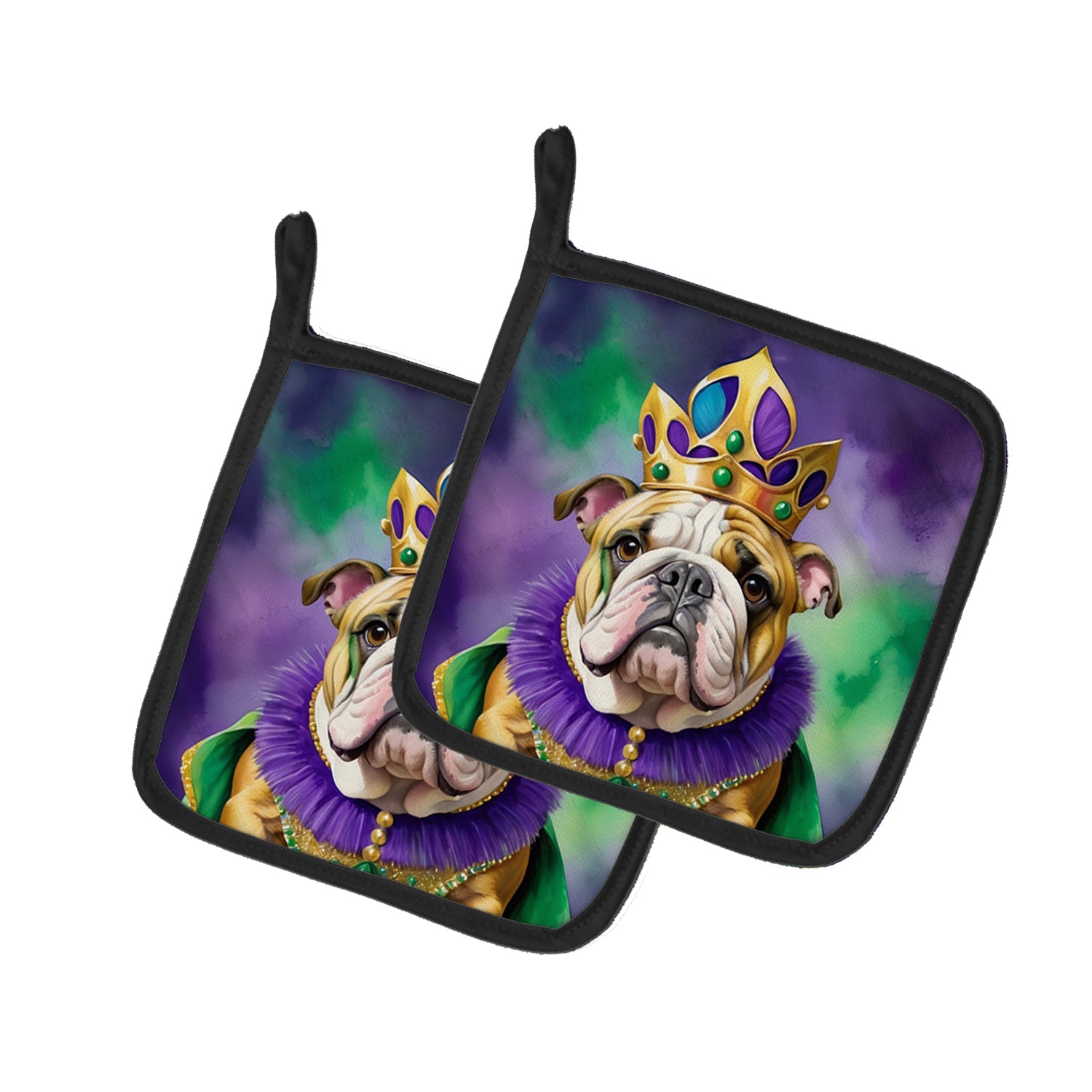 English Bulldog King of Mardi Gras Pot Holder Set of 2 Heat Resistant Quilted Hot Pads 7.5 x 7.5 Inch, Insulated Kitchen Trivets for Cooking & Baking