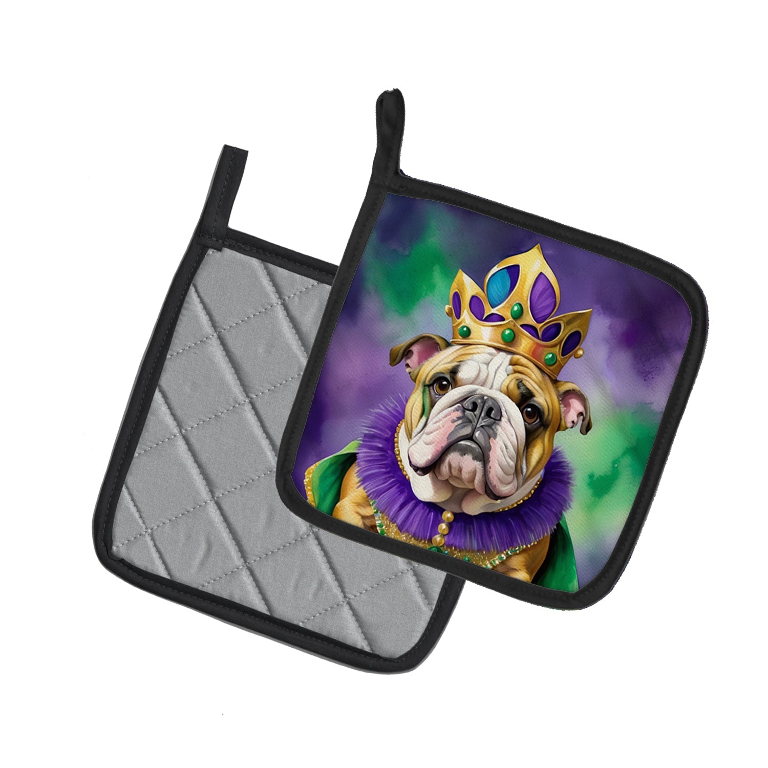 English Bulldog King of Mardi Gras Pot Holder Set of 2 Heat Resistant Quilted Hot Pads 7.5 x 7.5 Inch, Insulated Kitchen Trivets for Cooking & Baking